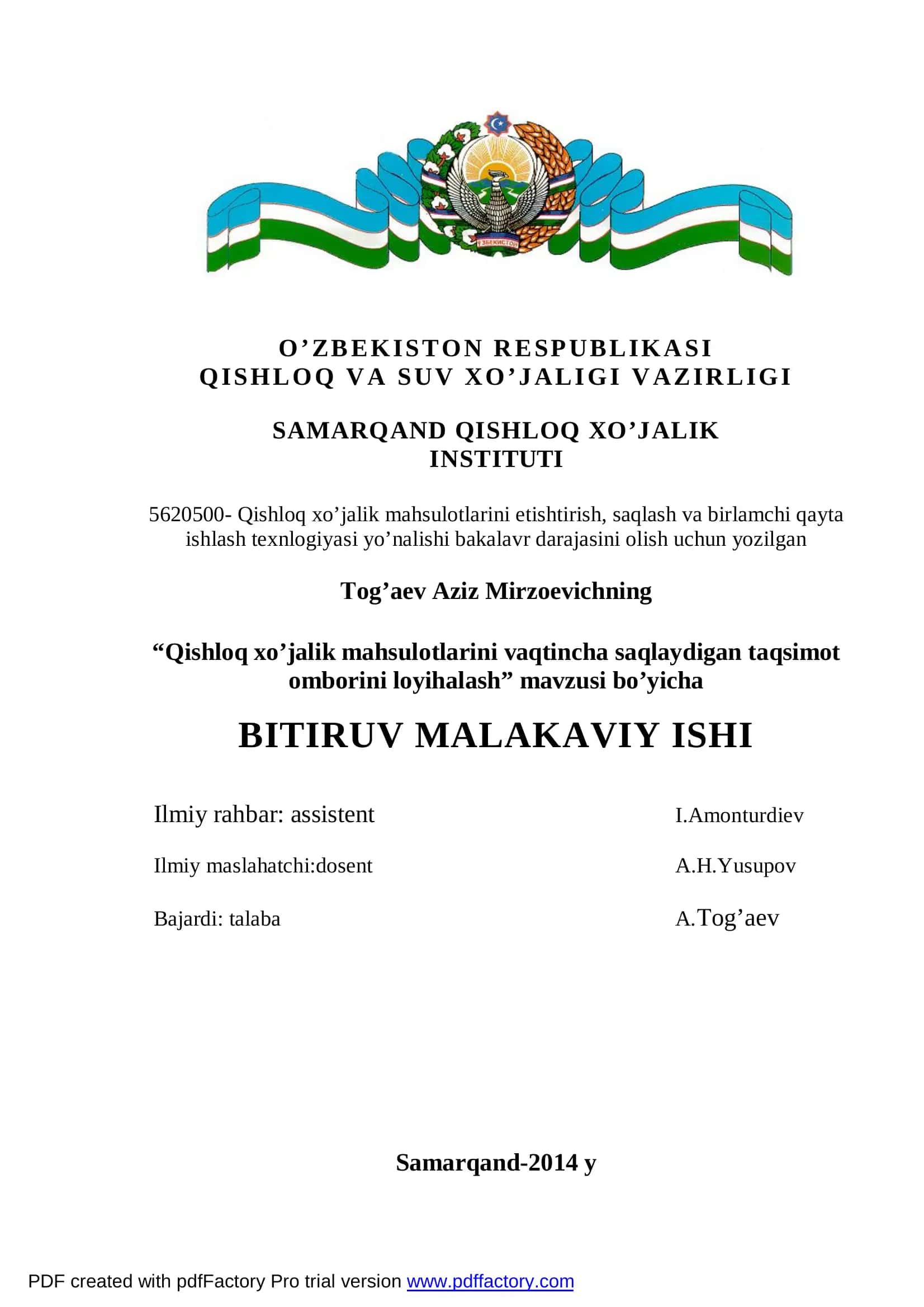"Qishloq xo’jalik mahsulotlarini vaqtincha saqlaydigan taqsimot omborini loyihalash"