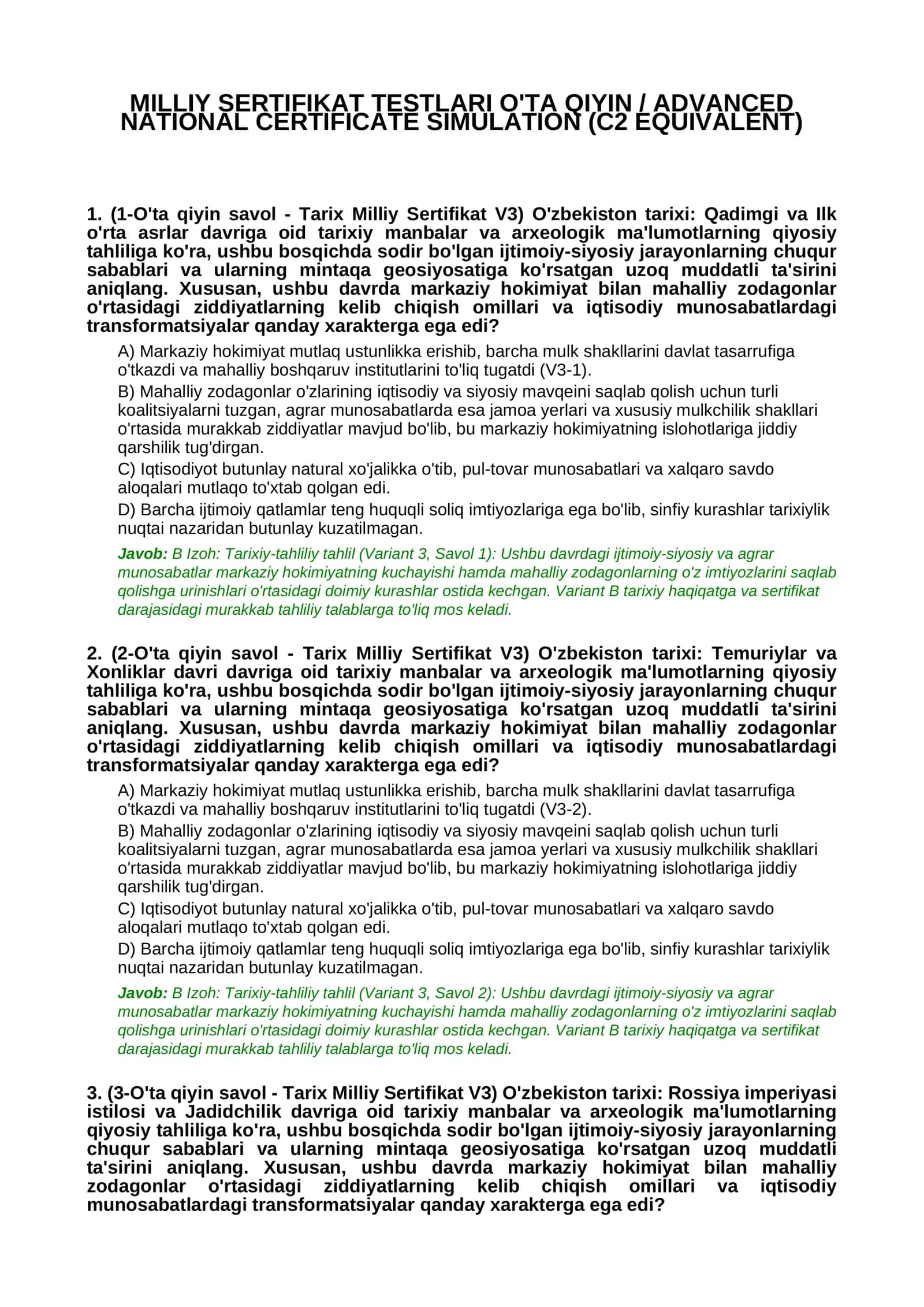 MILLIY SERTIFIKAT TESTLARI O'TA QIYIN / ADVANCED