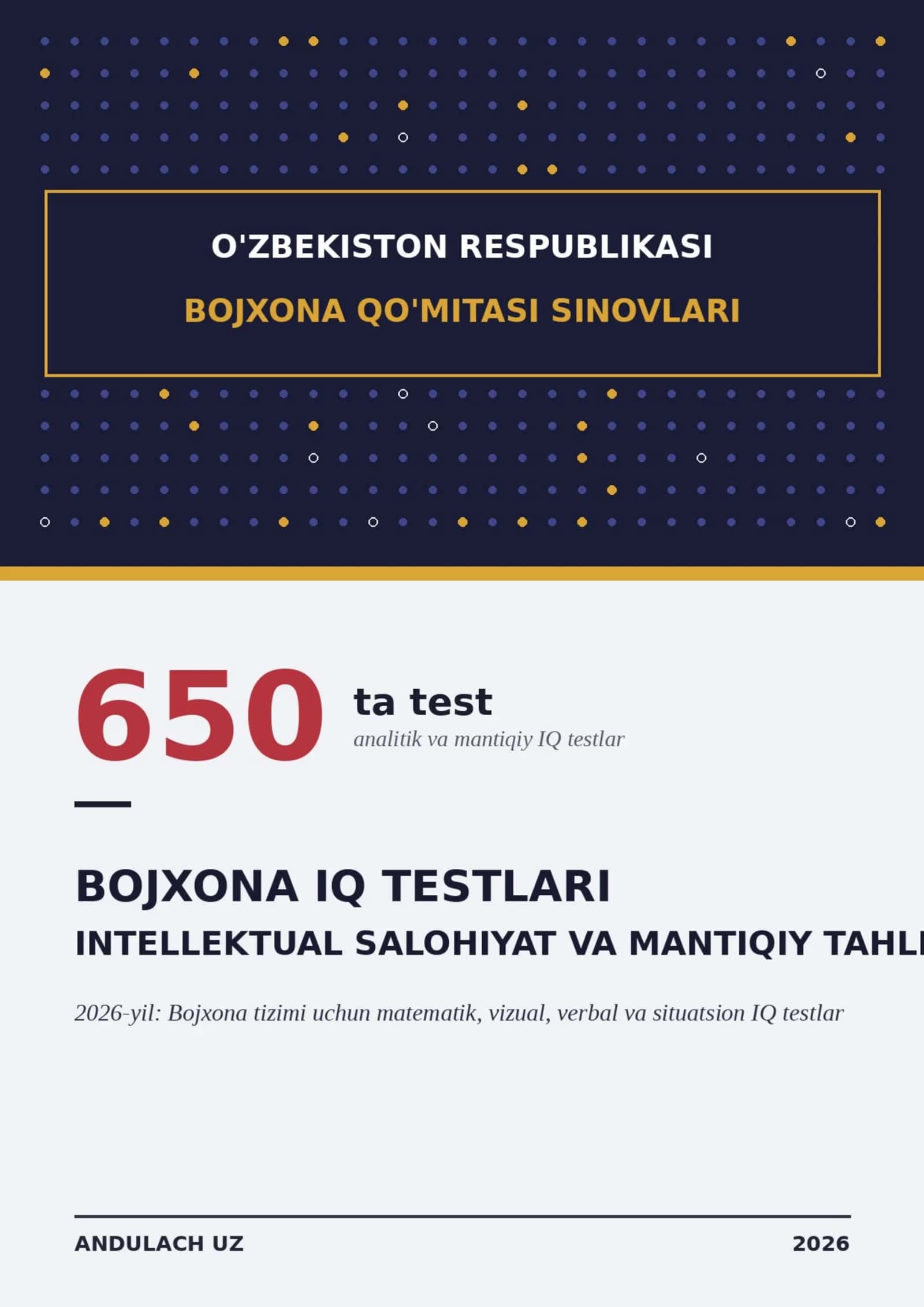 Bojxona IQ testlar 650 ta test. 2025-2027