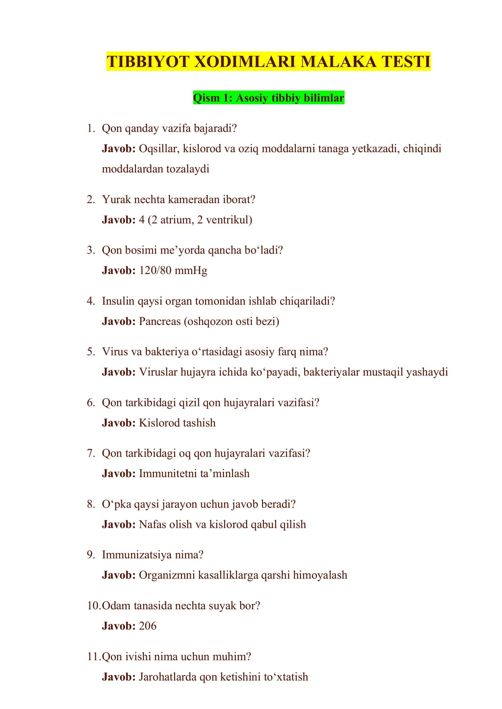 TIBBIYOT XODIMLARI MALAKA TESTI