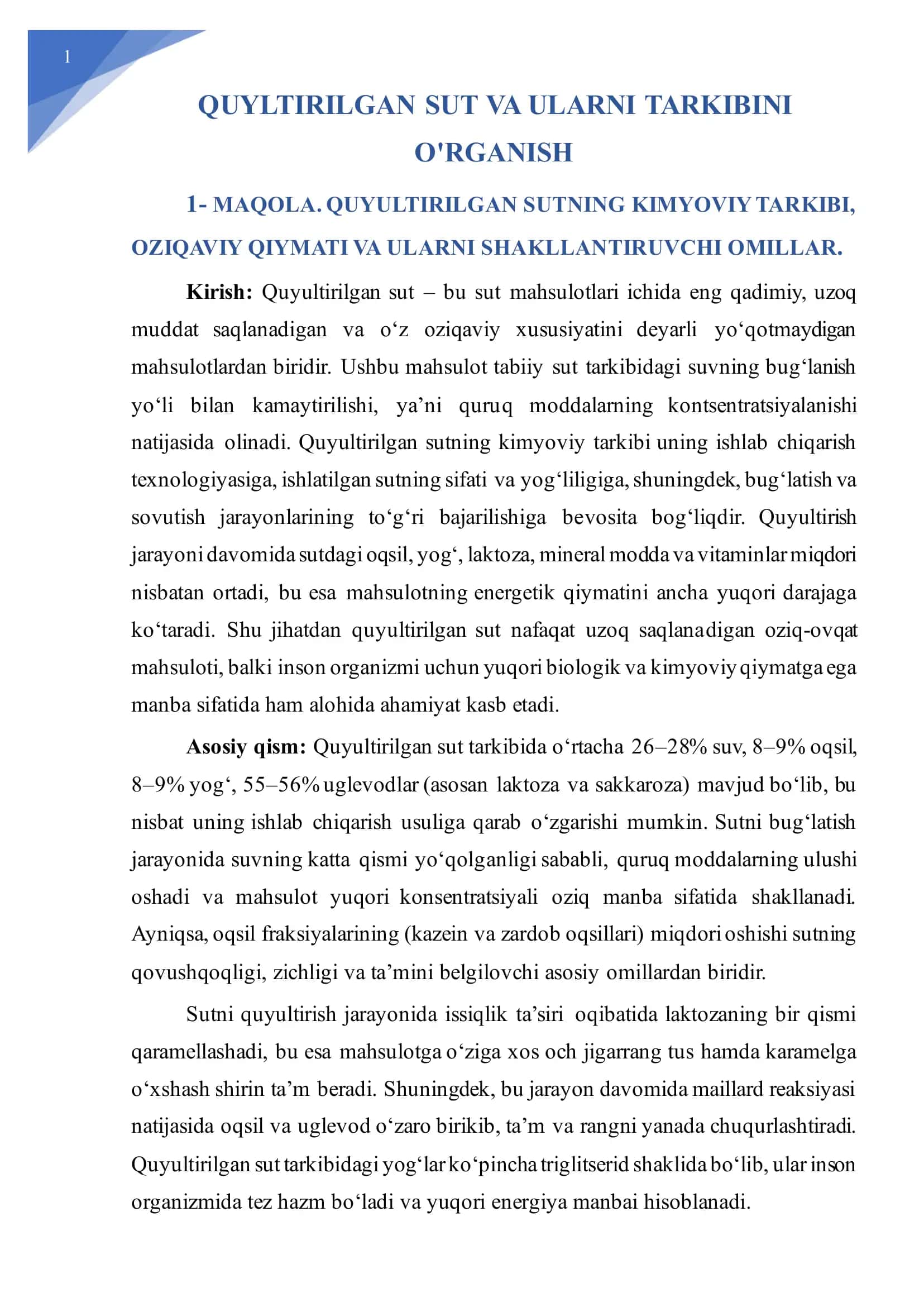 Quyultirilgan Sut va Ularni Tarkibini O'rganish