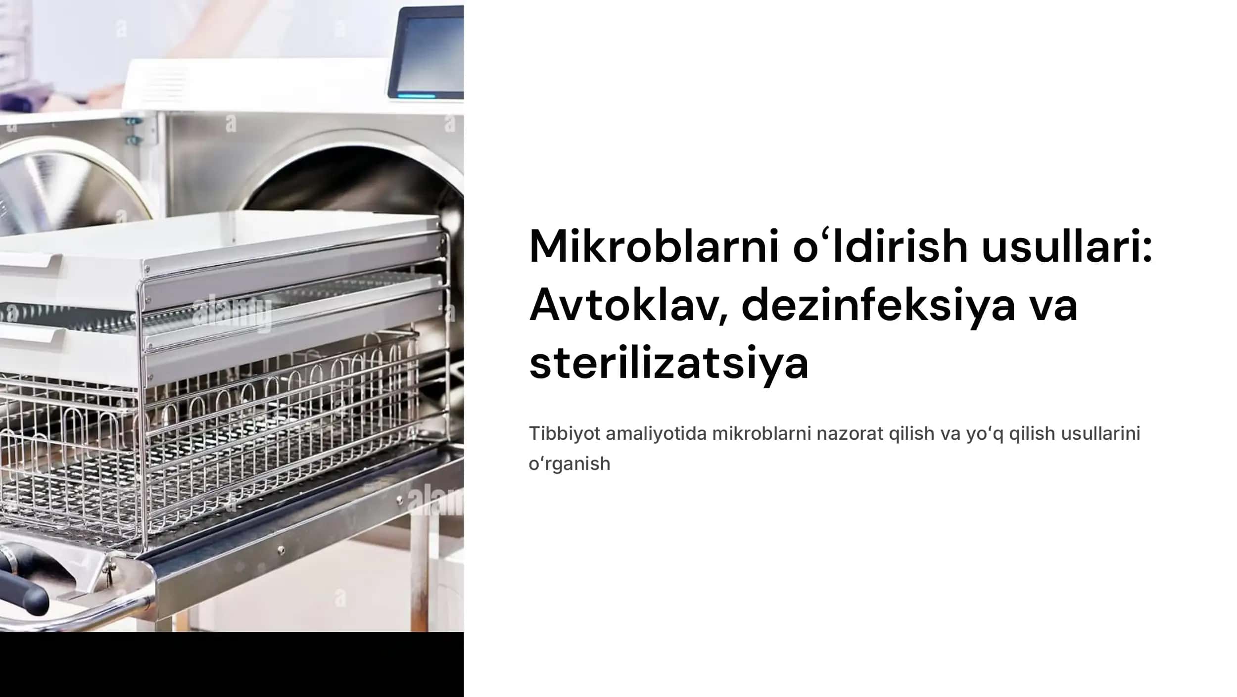 Mikroblarni oʻldirish  usullarini oʻrgatish  (avtoklavda va h.k.).  Dezinfeksiya,  sterilizasiya. Qon va  boshqa biologik  suyuqliklar sachraganda  va toʻkilganda  koʻriladigan  chora-tadbirlar