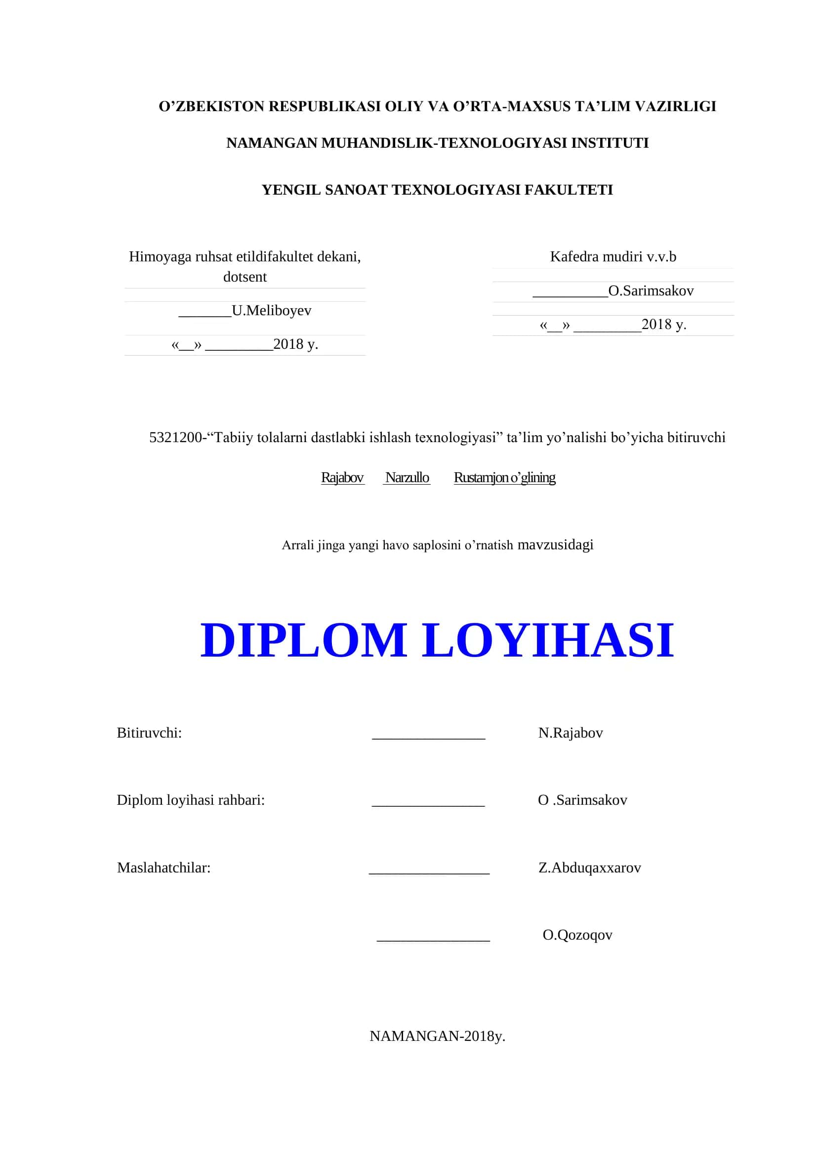 Tabiiy tolalarni dastlabki ishlash texnologiyasi