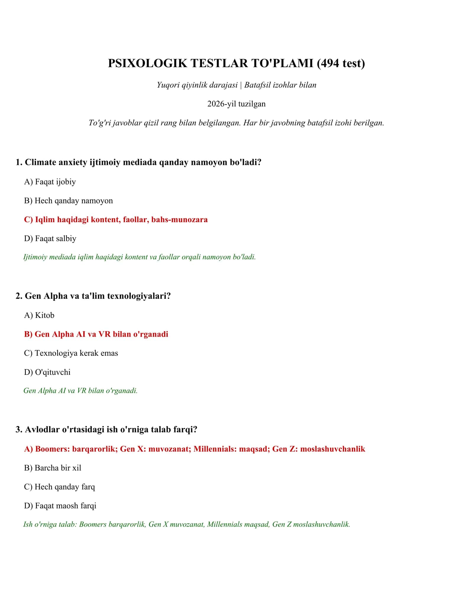 PSIXOLOGIK TESTLAR TO'PLAMI (494 test)