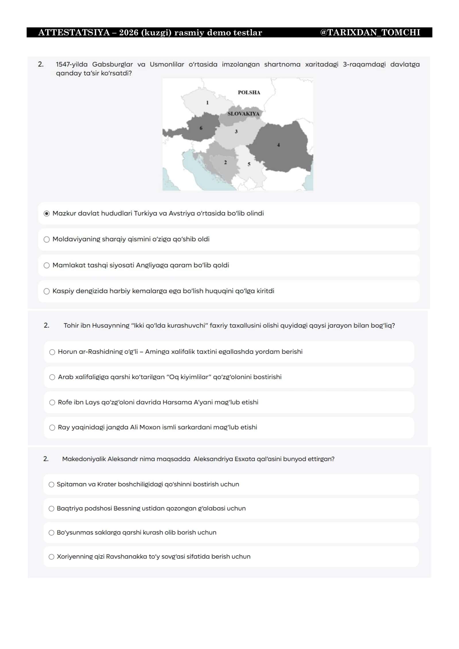 TARIX ATTESTATSIYA – 2026 (kuzgi) rasmiy demo testlar