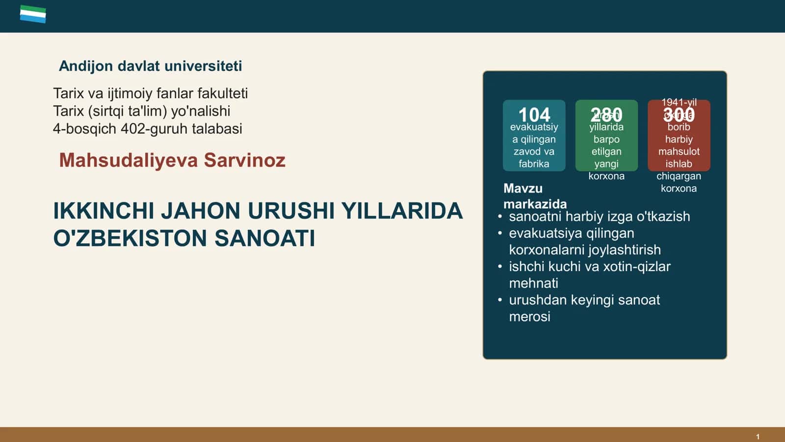 IKKINCHI JAHON URUSHI YILLARIDA O'ZBEKISTON SANOATI