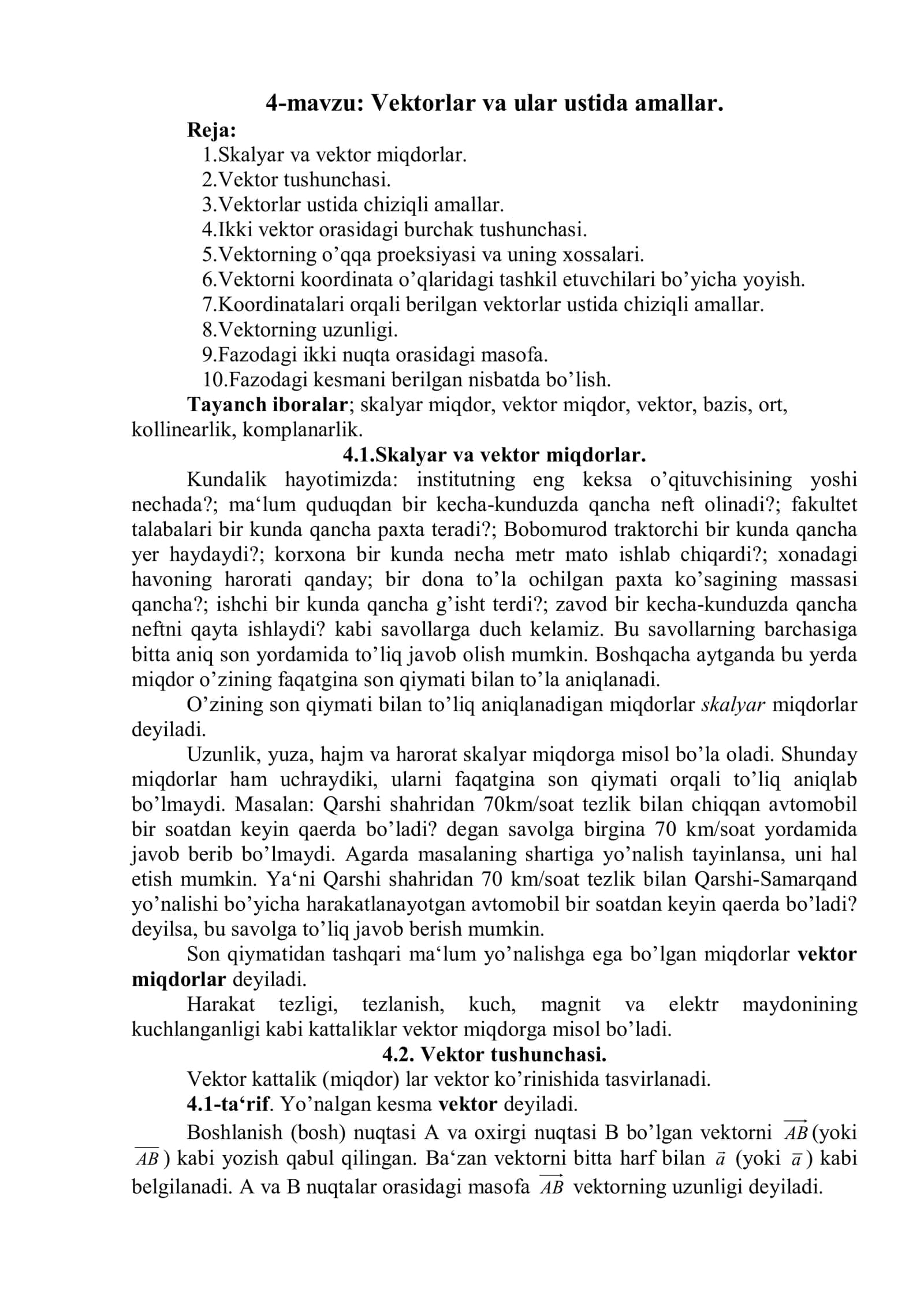 4-mavzu: Vektorlar va ular ustida amallar