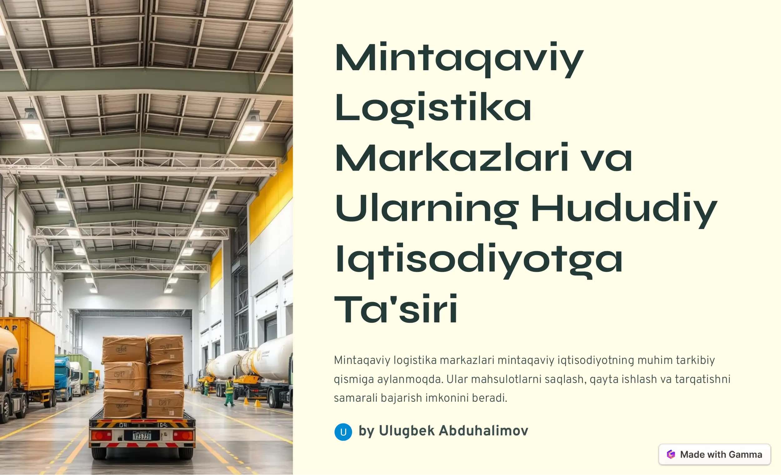 Mintaqaviy Logistika Markazlari va Ularning Hududiy Iqtisodiyotga Ta'siri