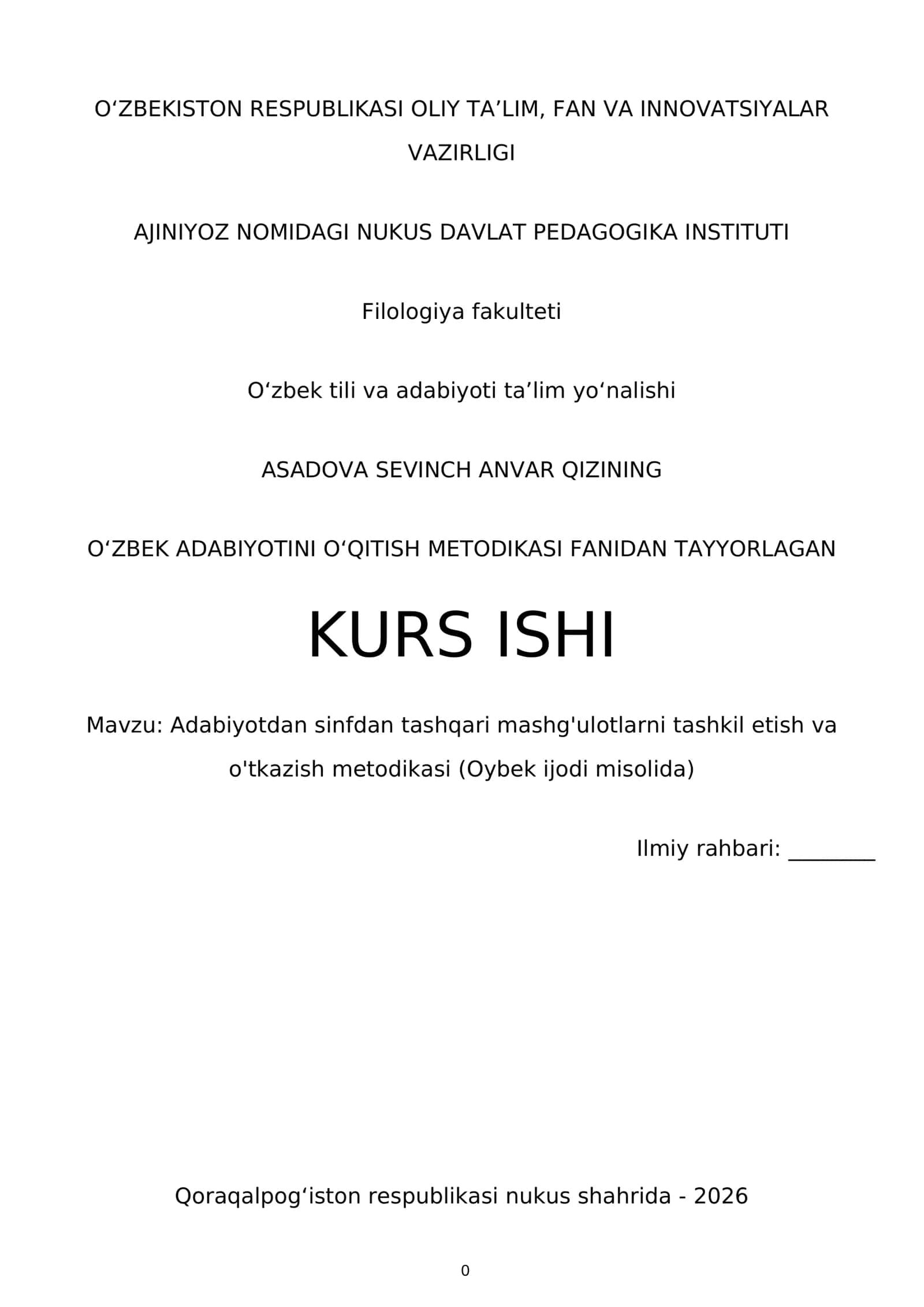 OʻZBEK ADABIYOTINI OʻQITISH METODIKASI FANIDAN TAYYORLAGAN KURS ISHI