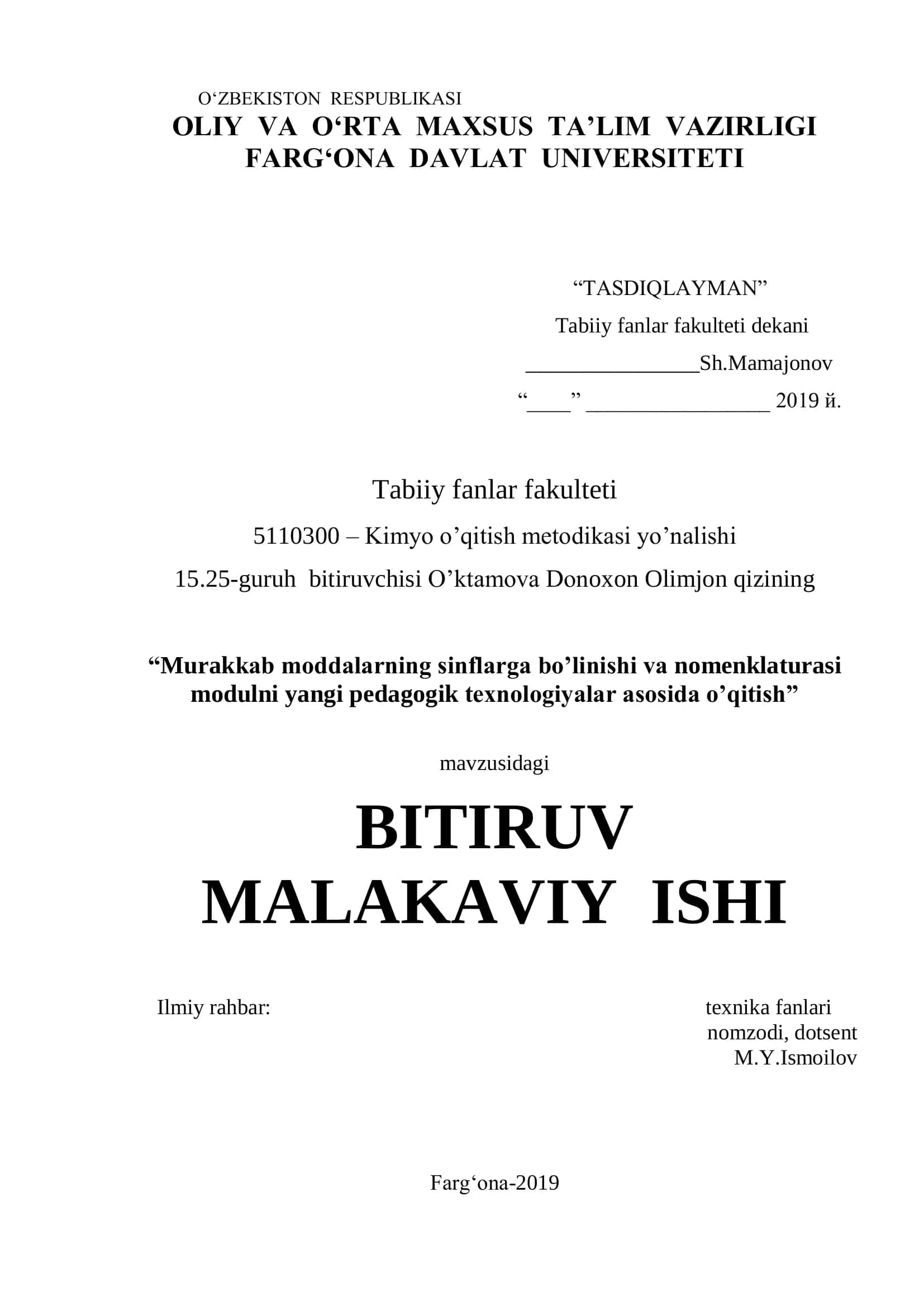 Kimyo o’qitish metodikasi yo’nalishi