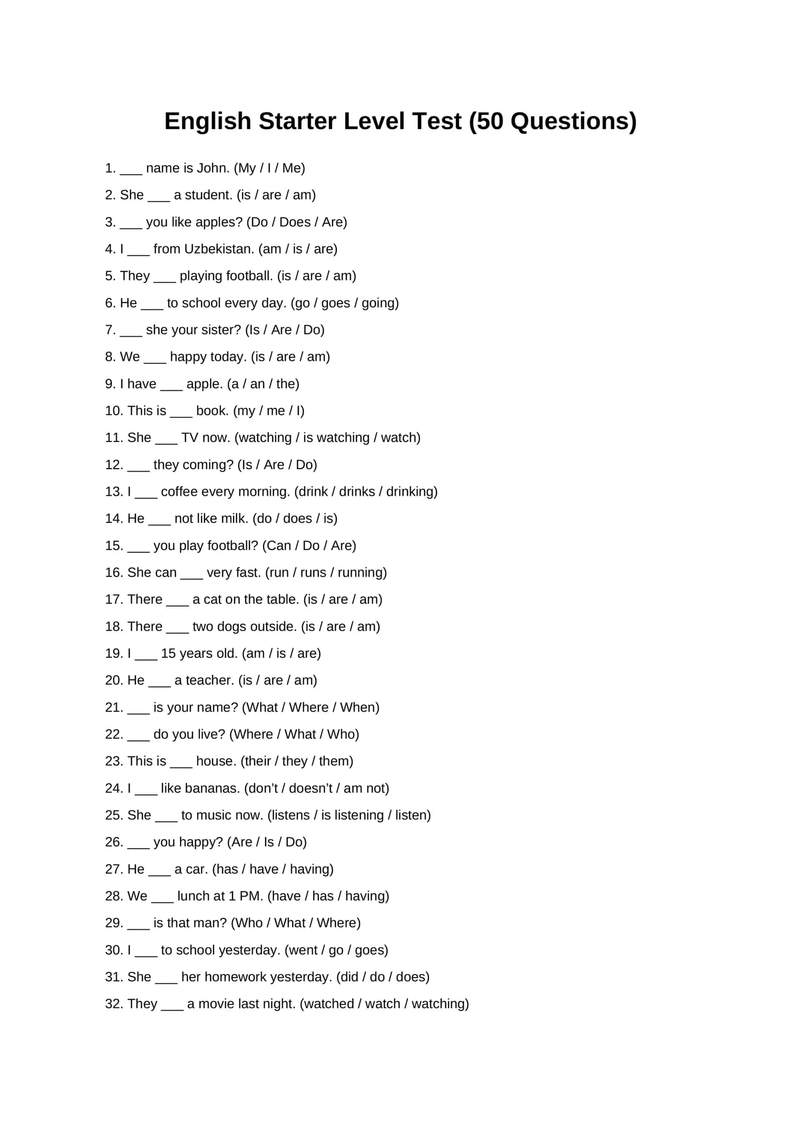English Starter Level Test (50 Questions)