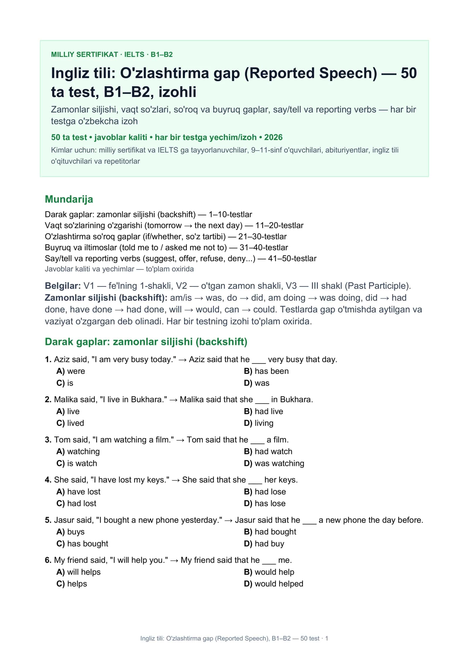 Ingliz tili: O'zlashtirma gap (Reported Speech), B1–B2