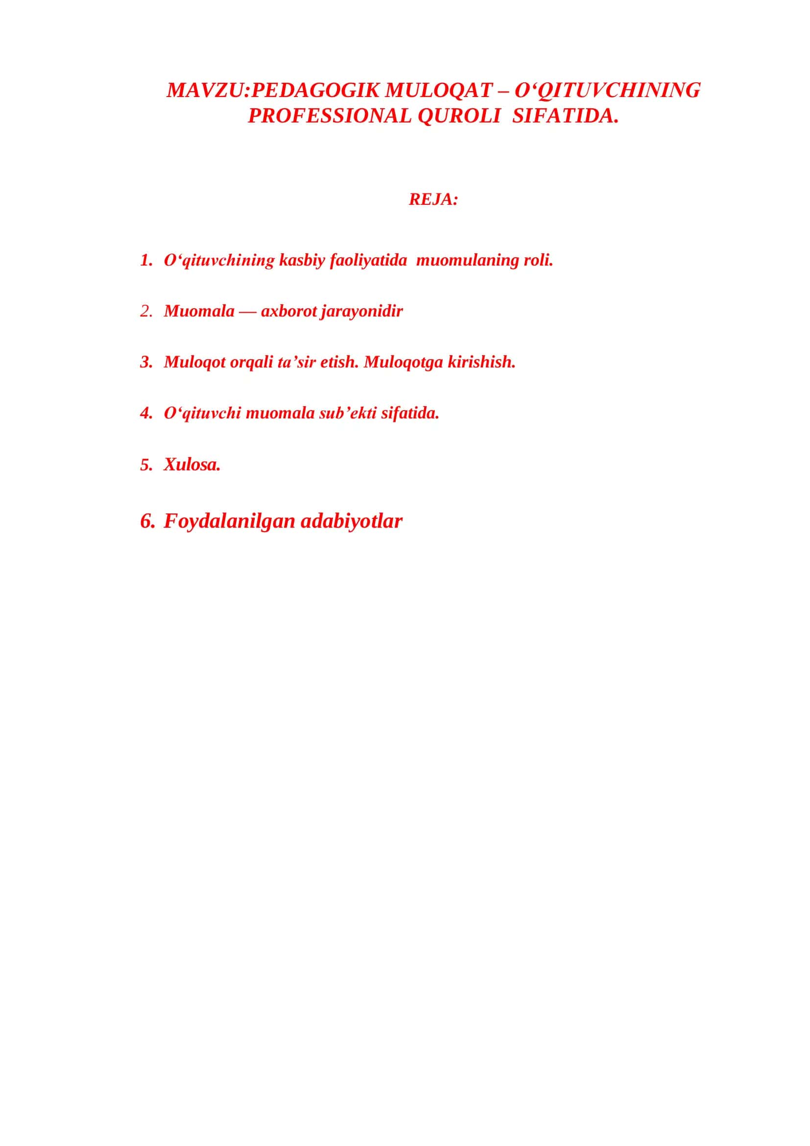PEDAGOGIK MULOQAT – O‘QITUVCHINING PROFESSIONAL QUROLI SIFATIDA