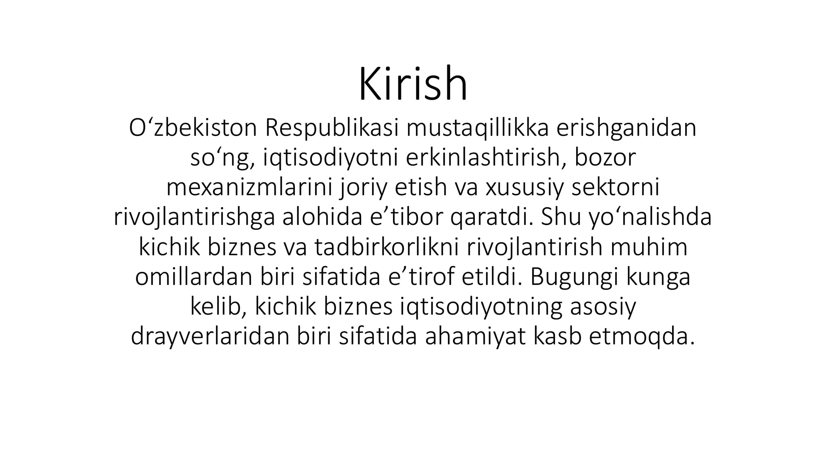 Kichik biznes va tadbirkorlik