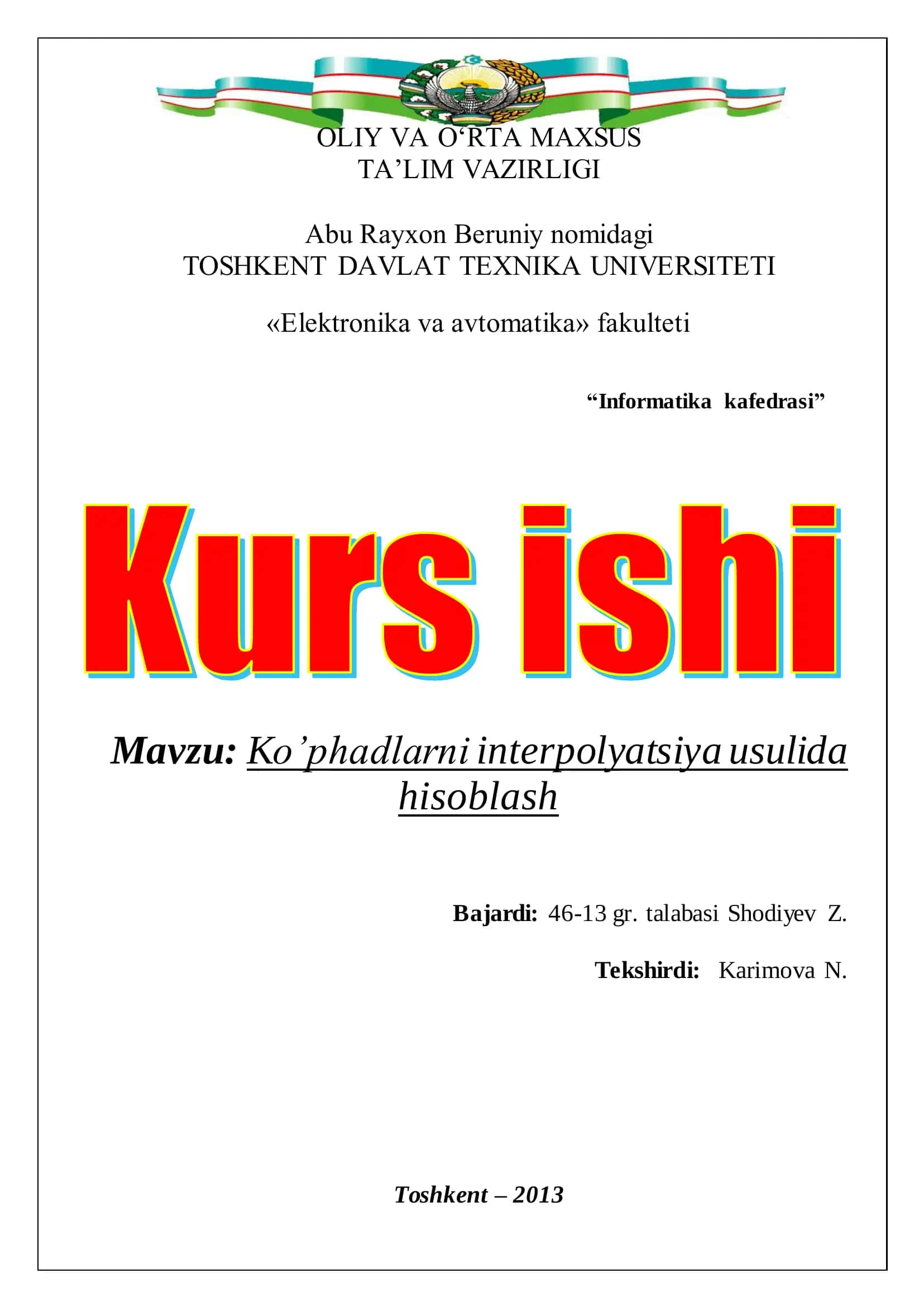 Kо’phadlarni interpolyatsiya usulida hisoblash