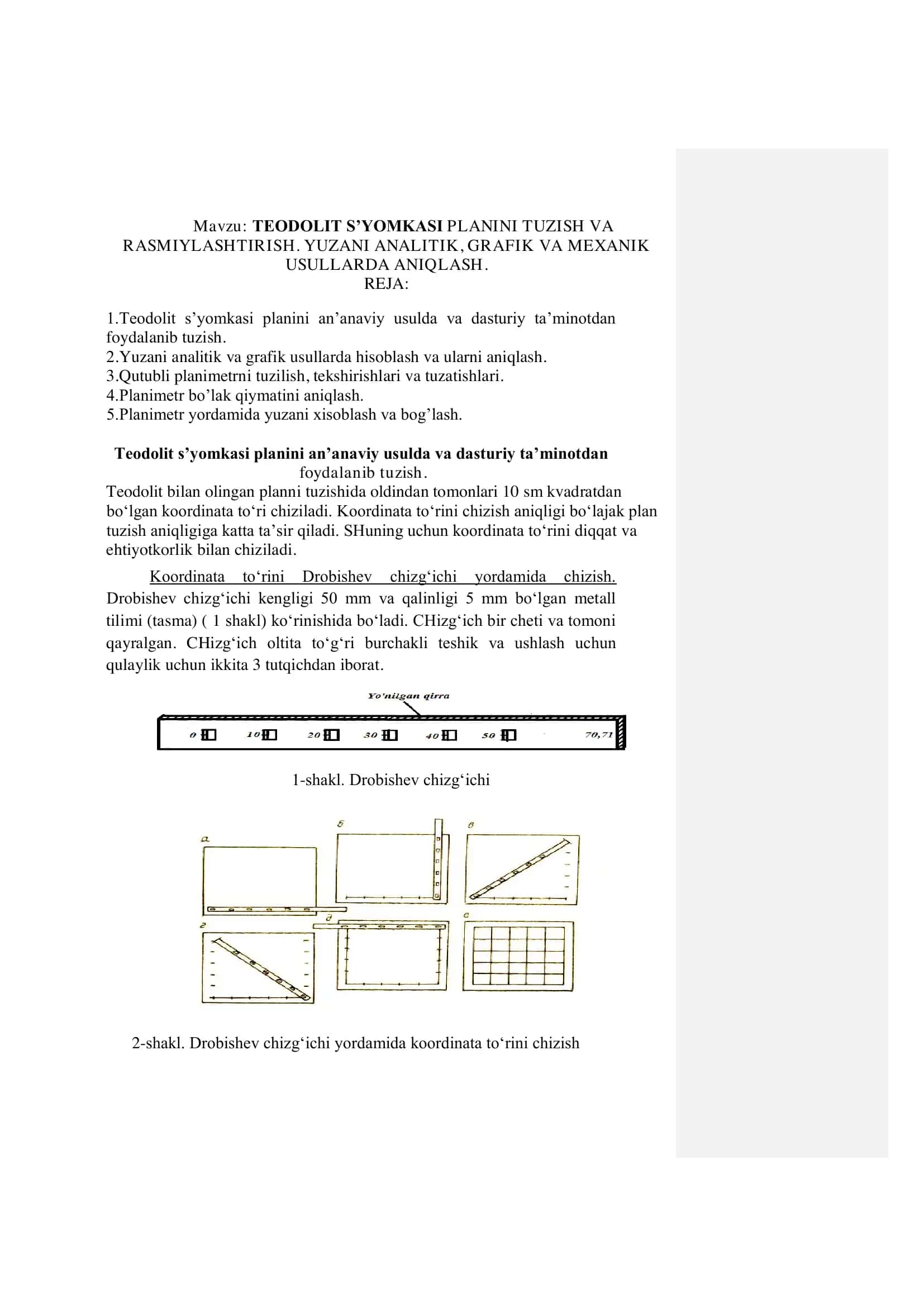 TEODOLIT S’YOMKASI PLANINI TUZISH VA RASMIYLASHTIRISH