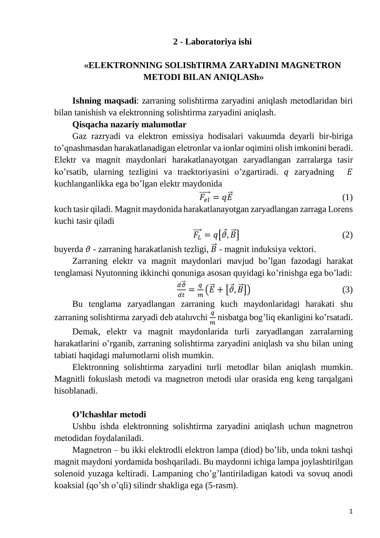 ELЕKTRONNING SOLIShTIRMA ZARYaDINI MAGNЕTRON MЕTODI BILAN ANIQLASh