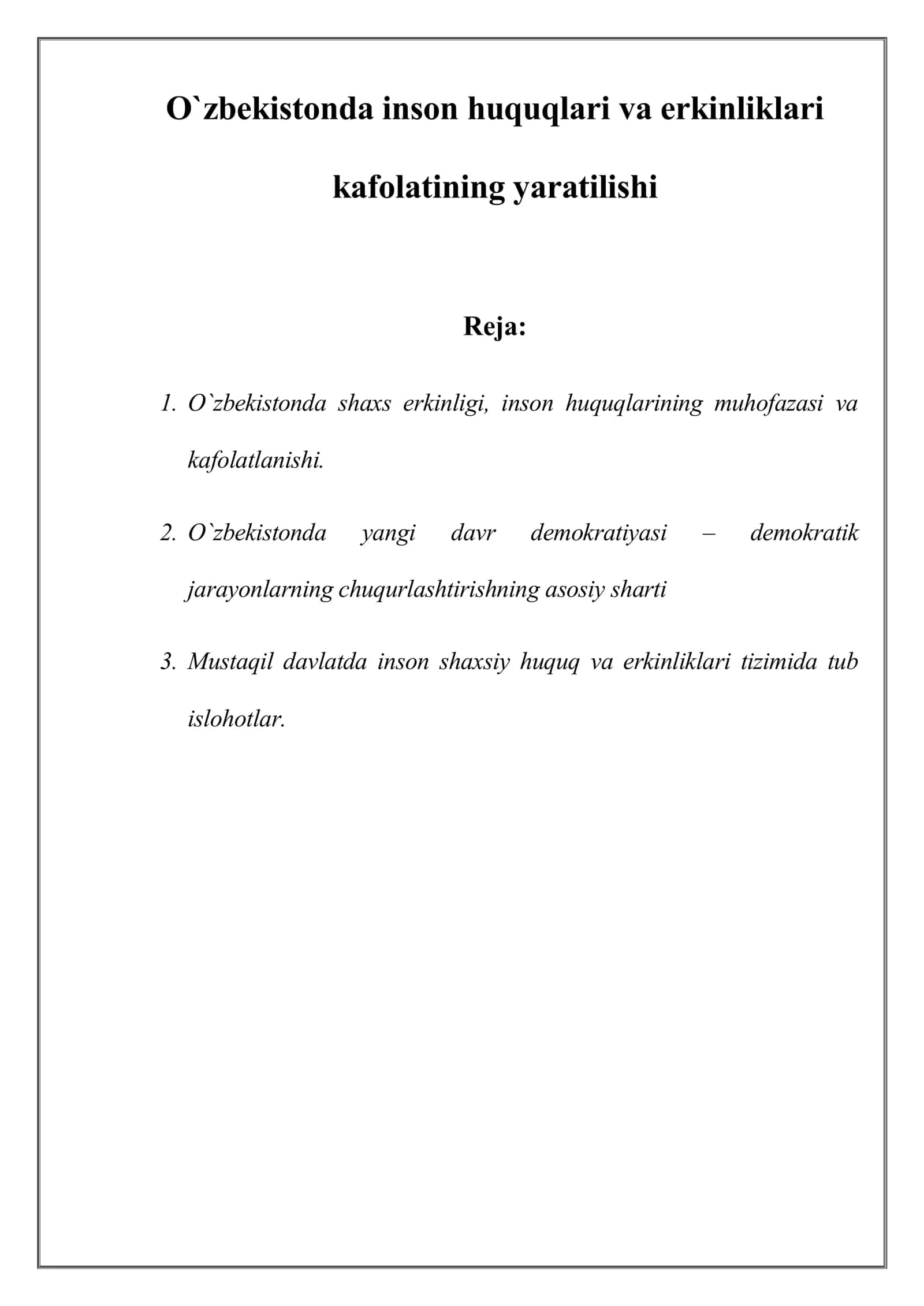 O`zbekistonda inson huquqlari va erkinliklari kafolatining yaratilishi