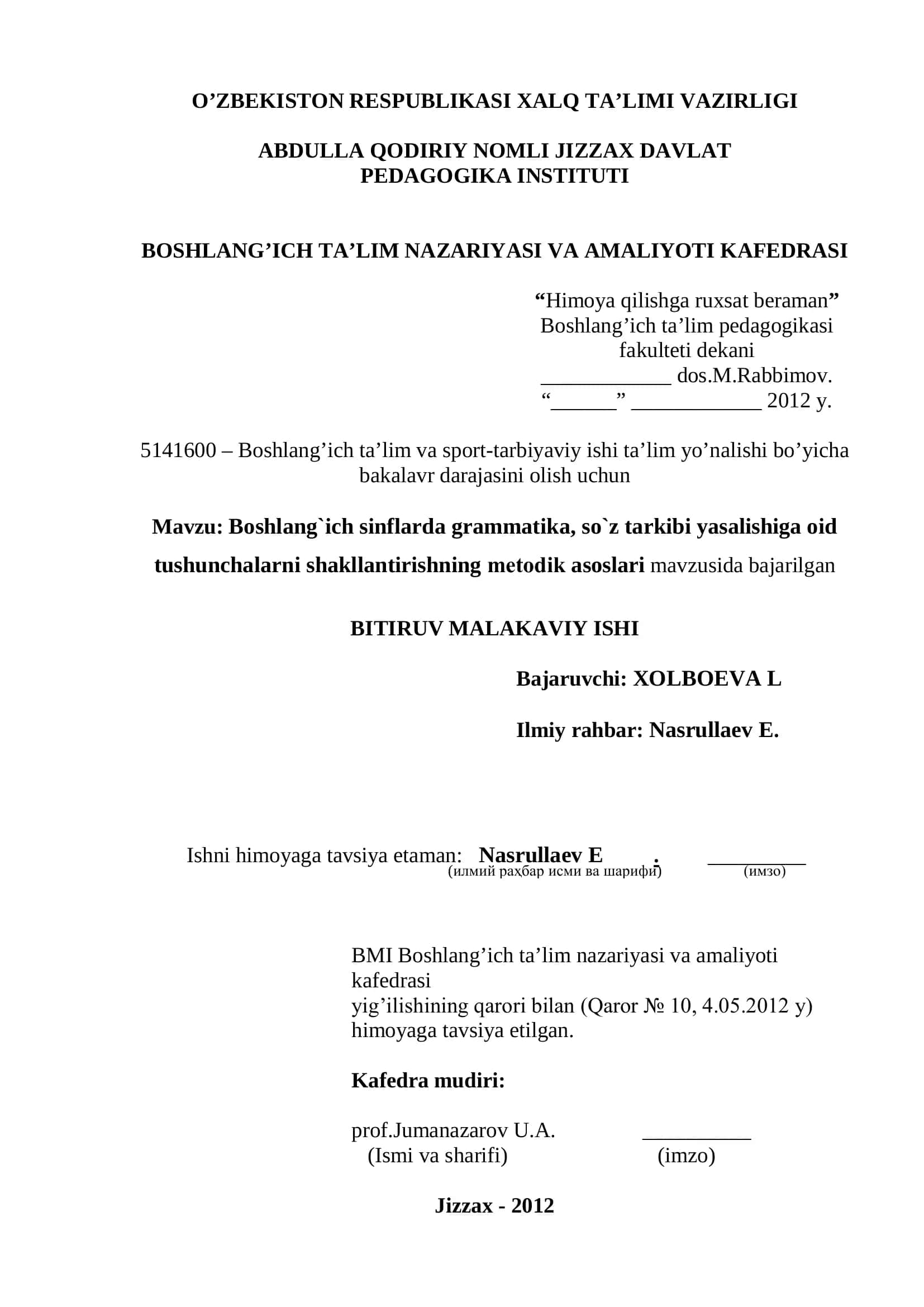 Boshlang`ich sinflarda grammatika, so`z tarkibi yasalishiga oid