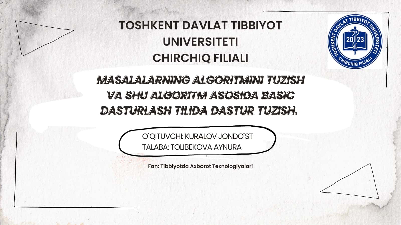 Masalalarning algoritmini tuzish va shu algoritm asosida Basic dasturlash tilida dastur tuzish.
