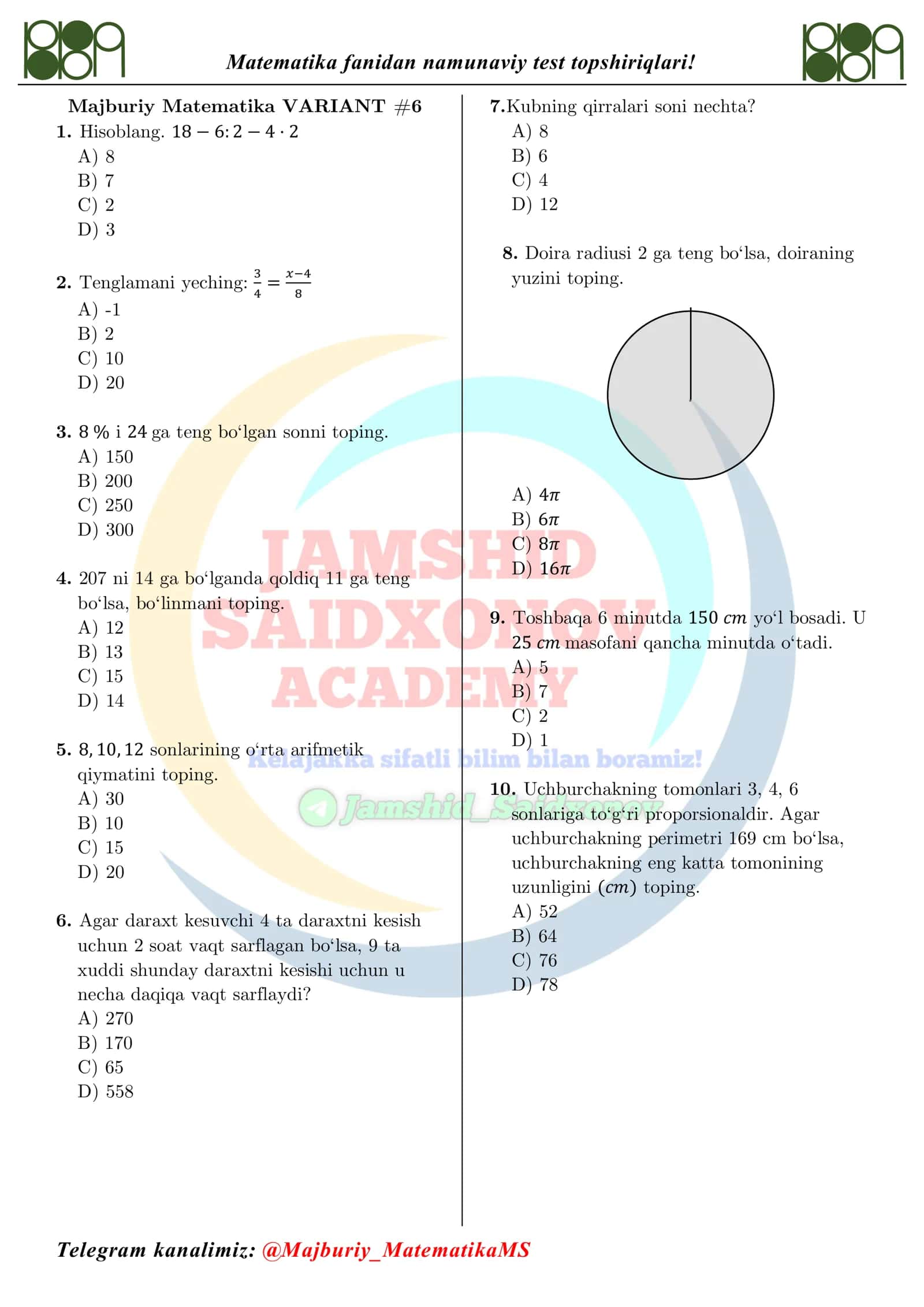 Majburiy Matematika VARIANT #6