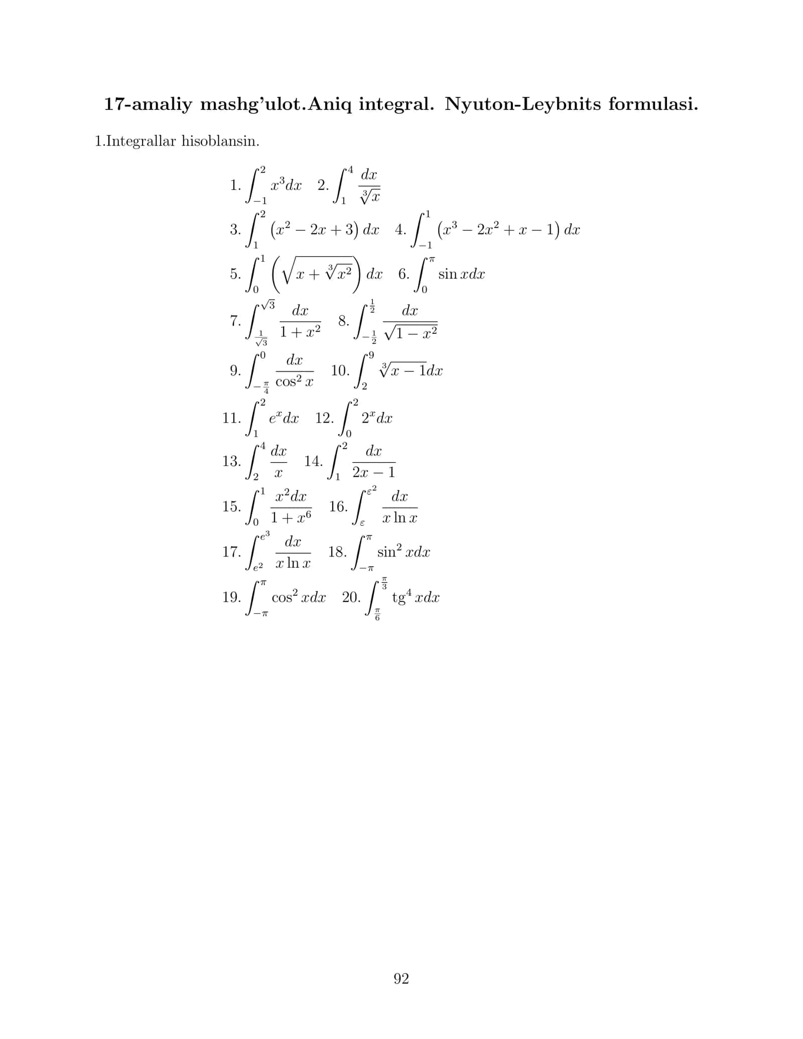 17-amaliy mashg’ulot.Aniq integral. Nyuton-Leybnits formulasi