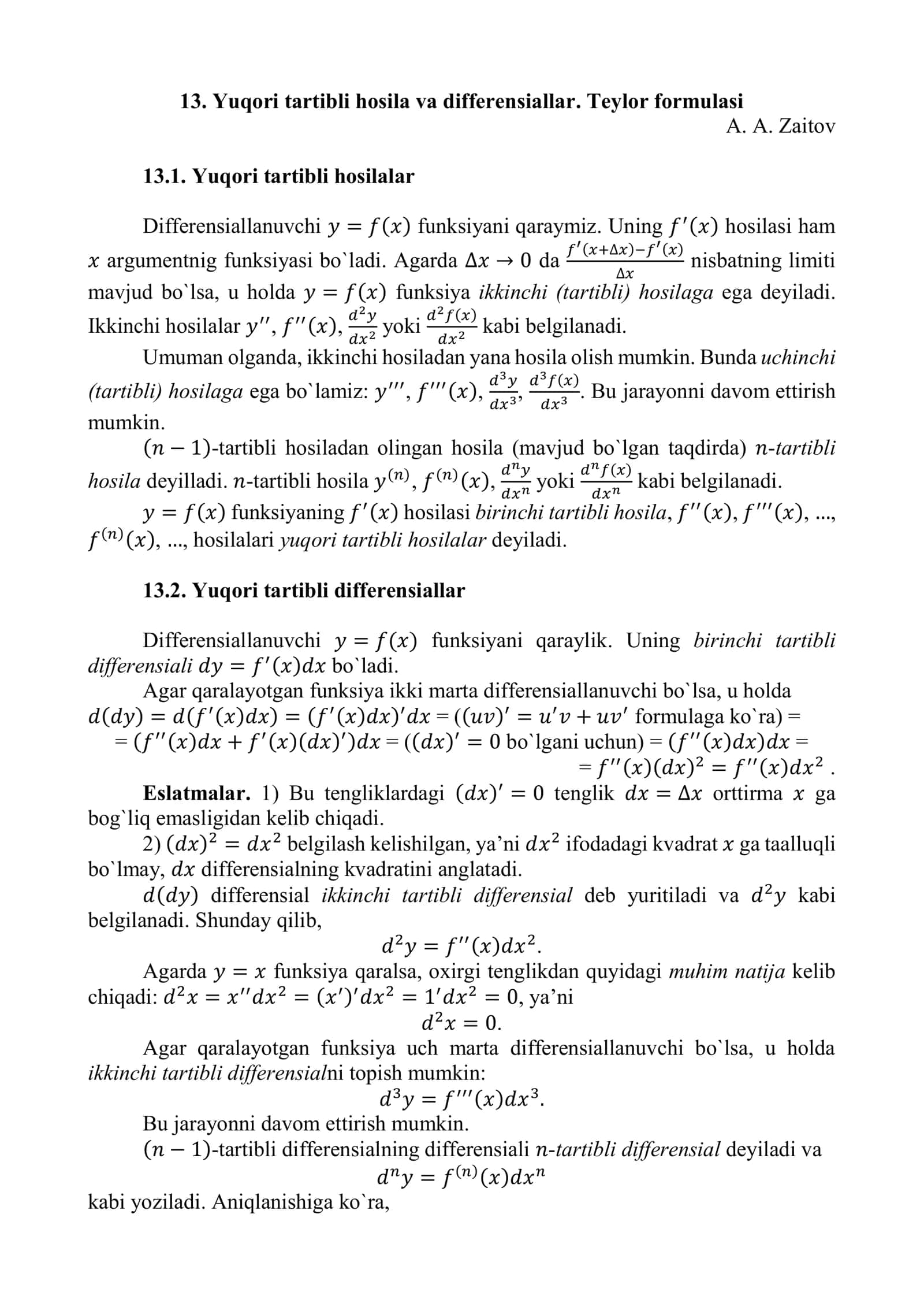 Yuqori tartibli hosila va differensiallar. Teylor formulasi