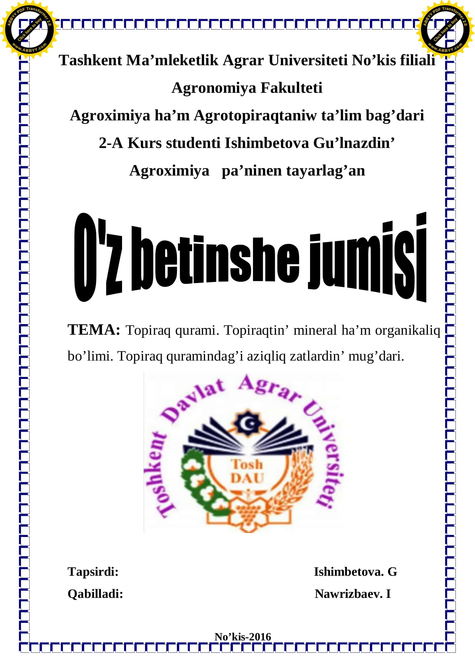 Agroximiya pa’ninen tayarlag’an