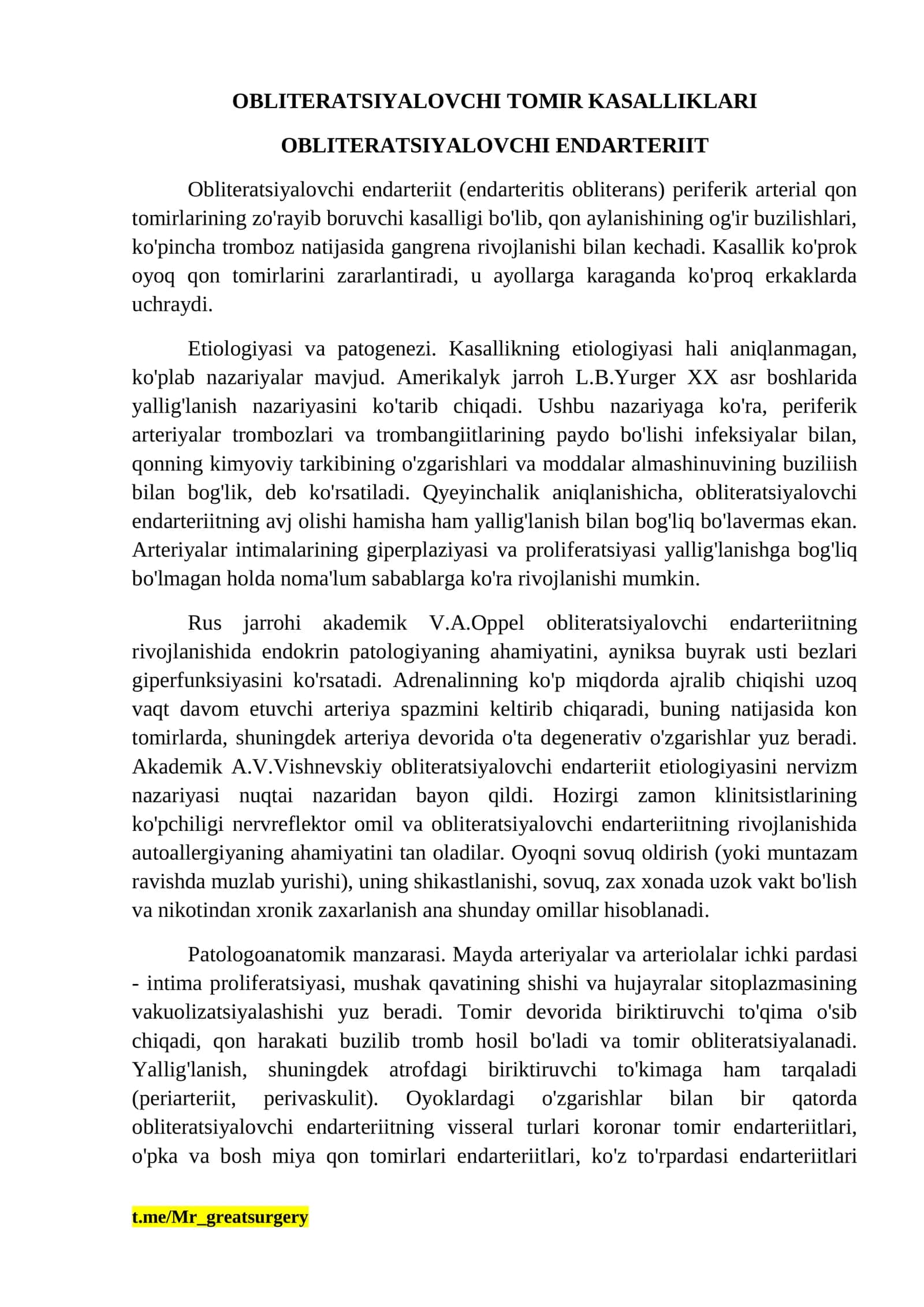 obliteratsiyalovchi qon tomir kasalliklari