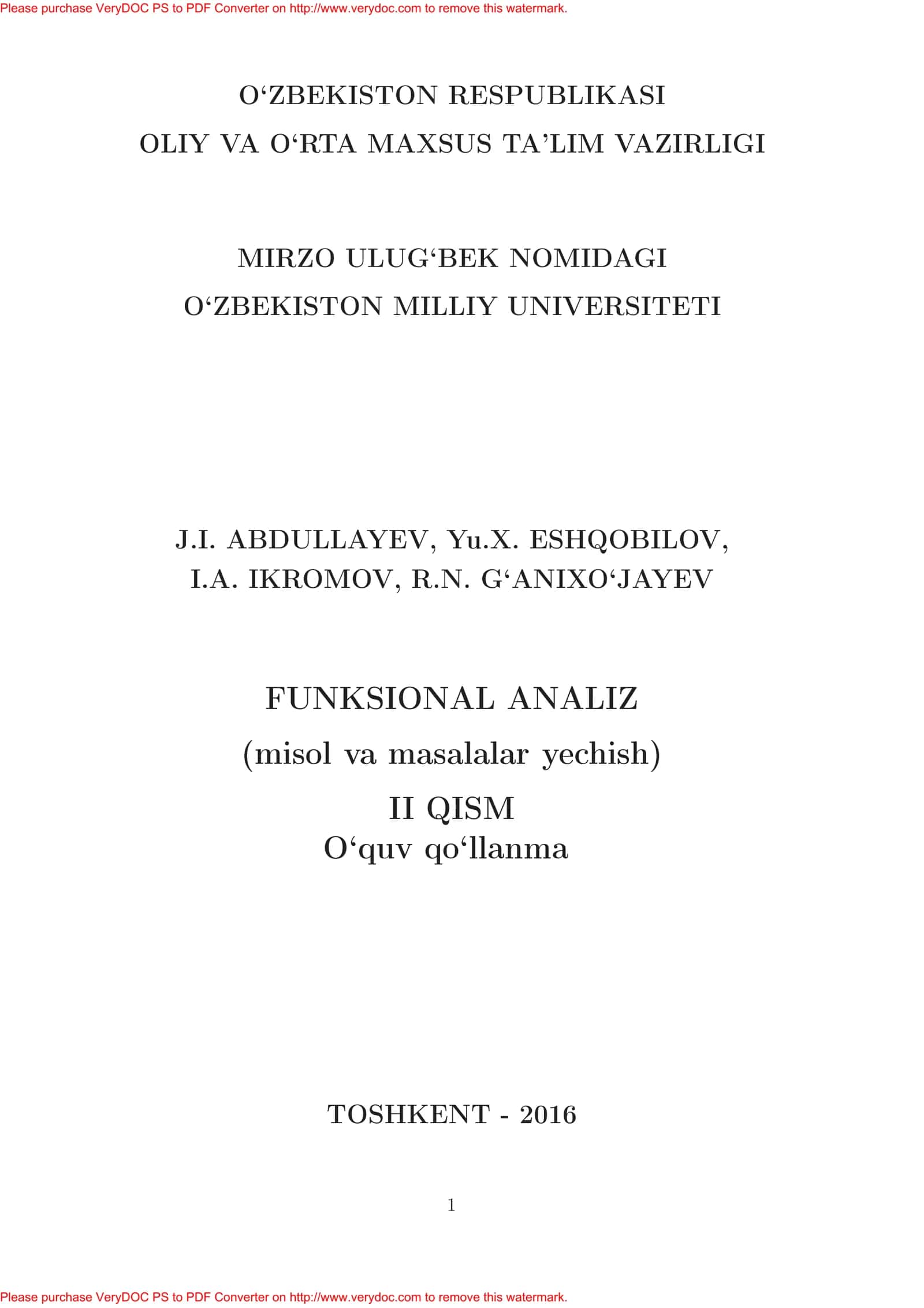 FUNKSIONAL ANALIZ (misol va masalalar yechish) II QISM
