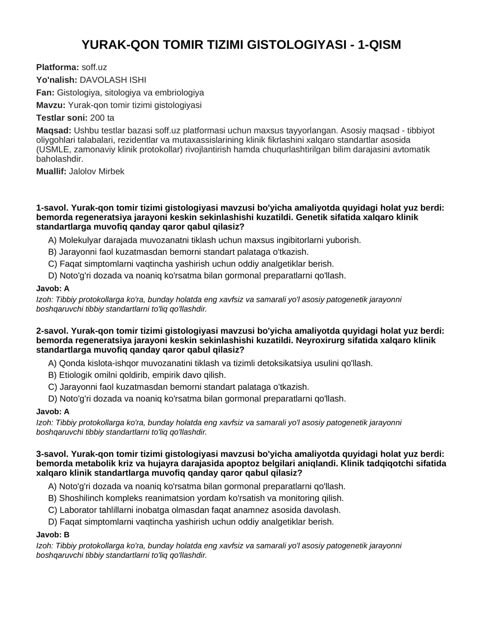YURAK-QON TOMIR TIZIMI GISTOLOGIYASI - 1-QISM