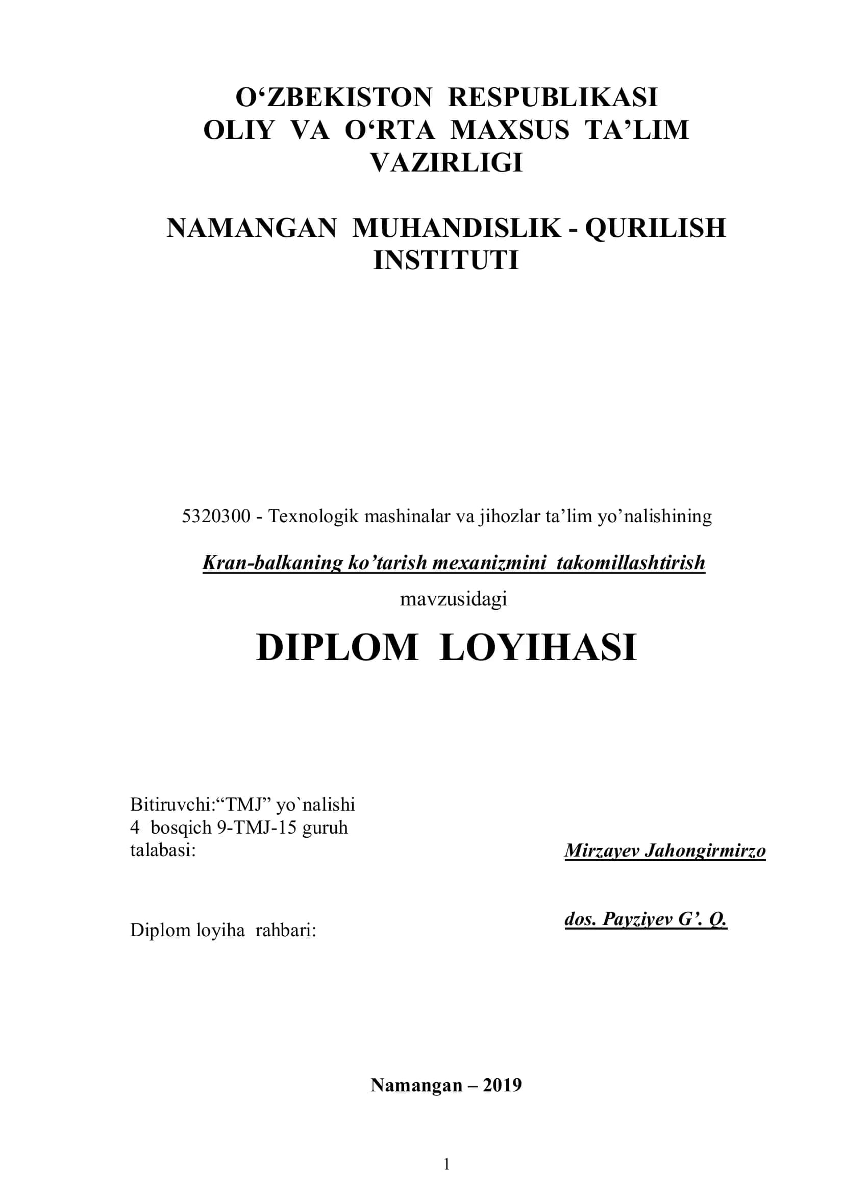 Kran-balkaning ko’tarish mexanizmini takomillashtirish