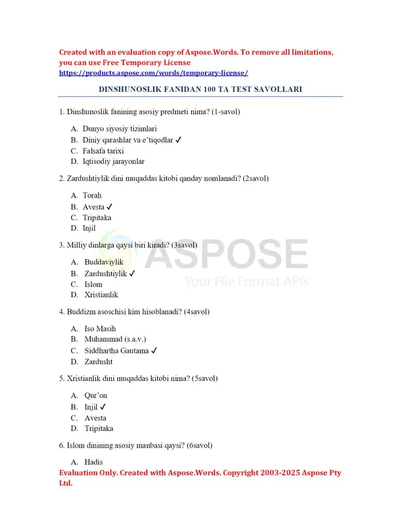 Dinshunoslik Test
