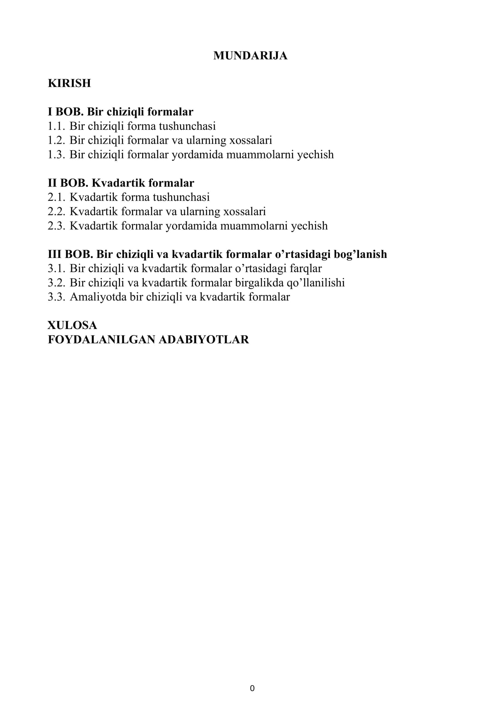 Bir chiziqli va kvadartik formalar tushunchalari 1