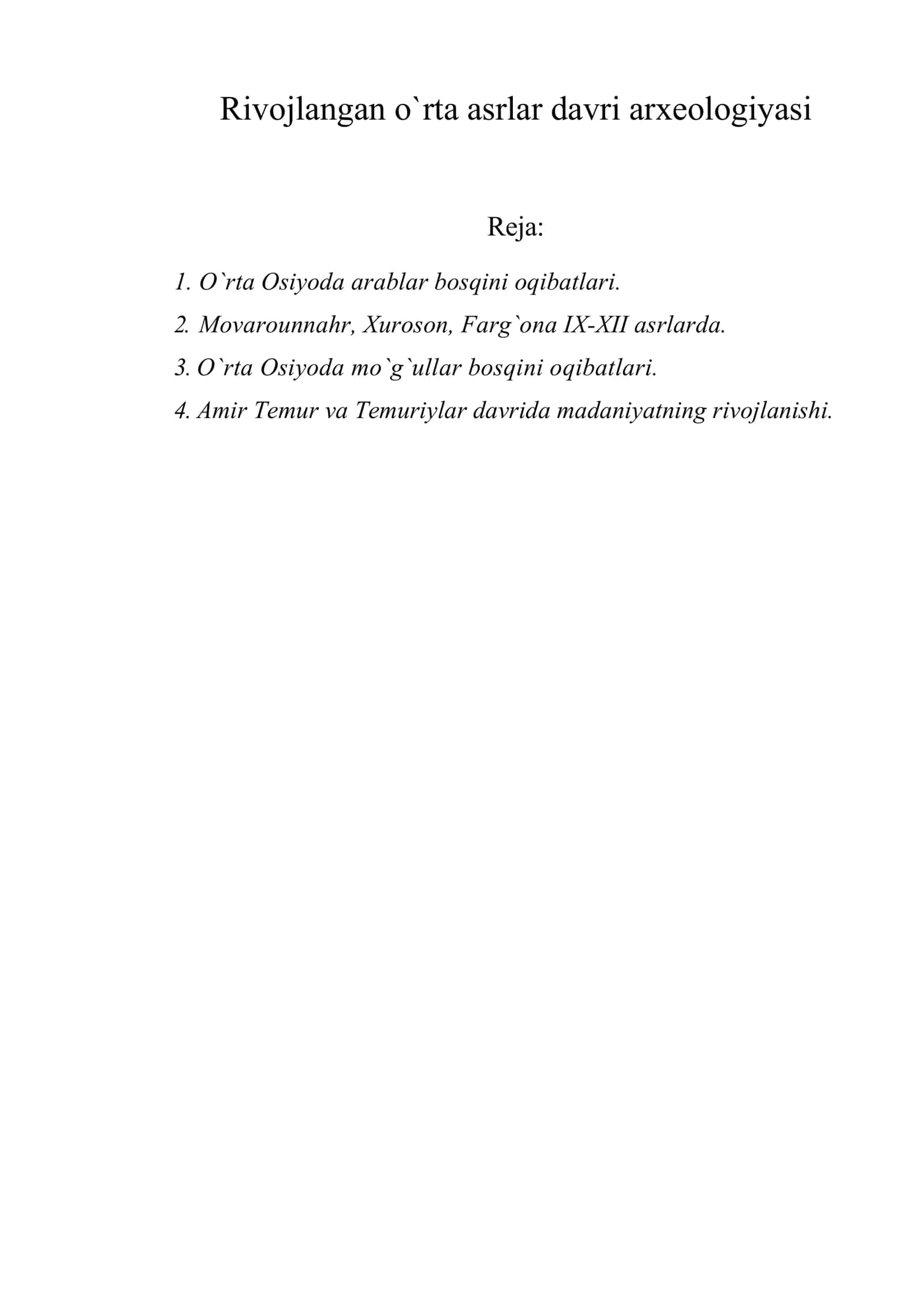 Rivojlangan o`rta asrlar davri arxeologiyasi