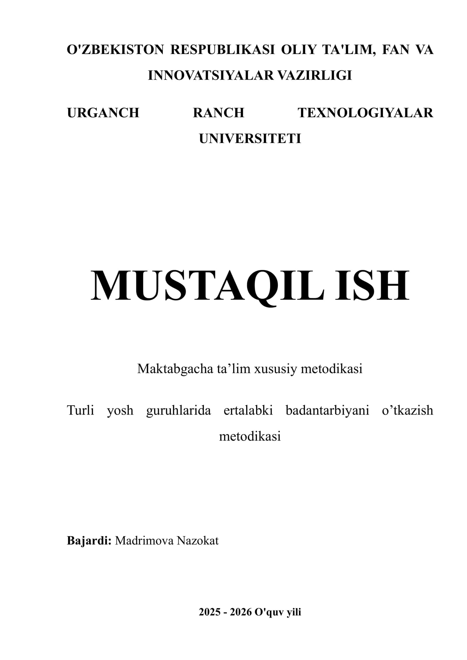 Maktabgacha ta’lim xususiy metodikasi