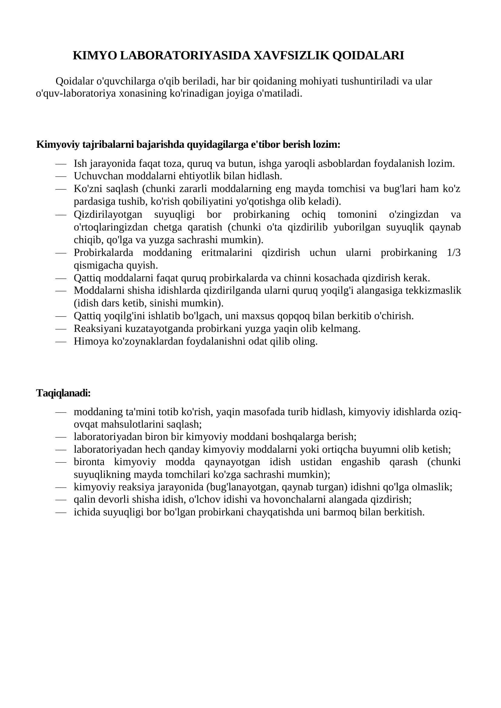 KIMYO LABORATORIYASIDA XAVFSIZLIK QOIDALARI