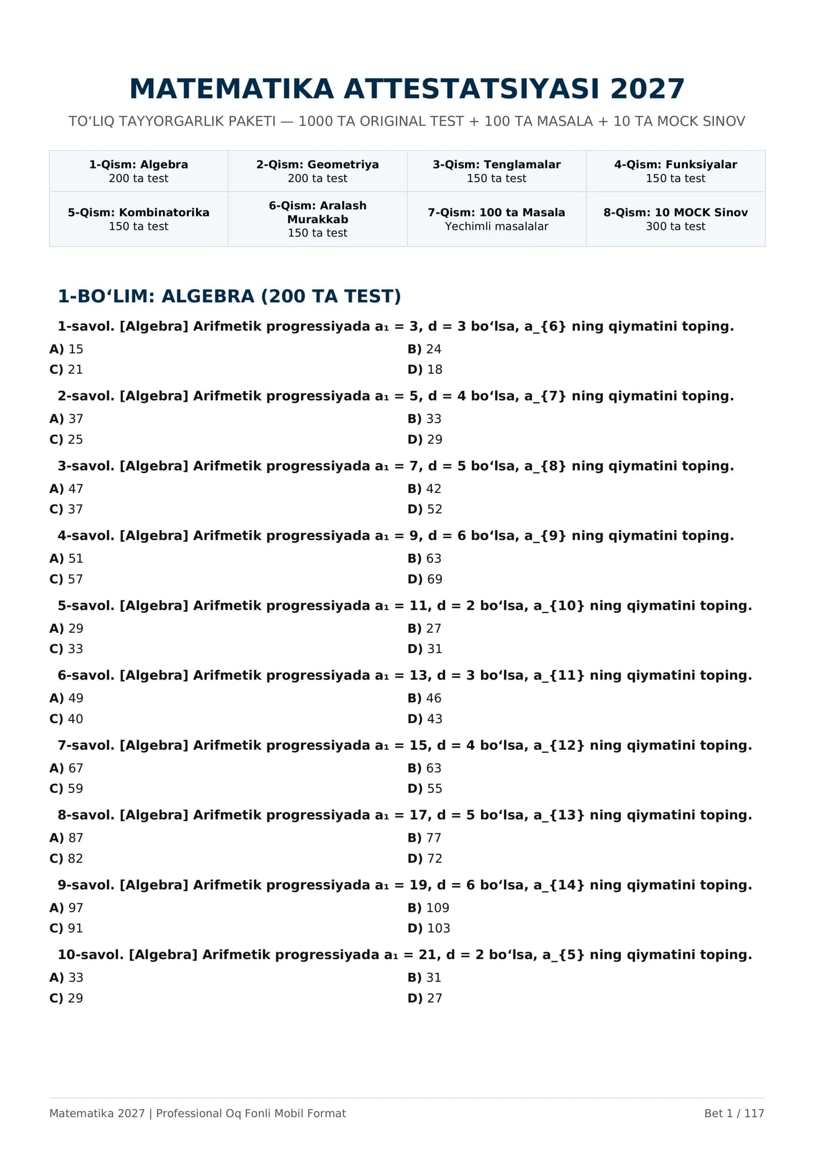 MATEMATIKA ATTESTATSIYASI 2027 — 1000 TA TEST + 10 MOCK + 100 MASALA