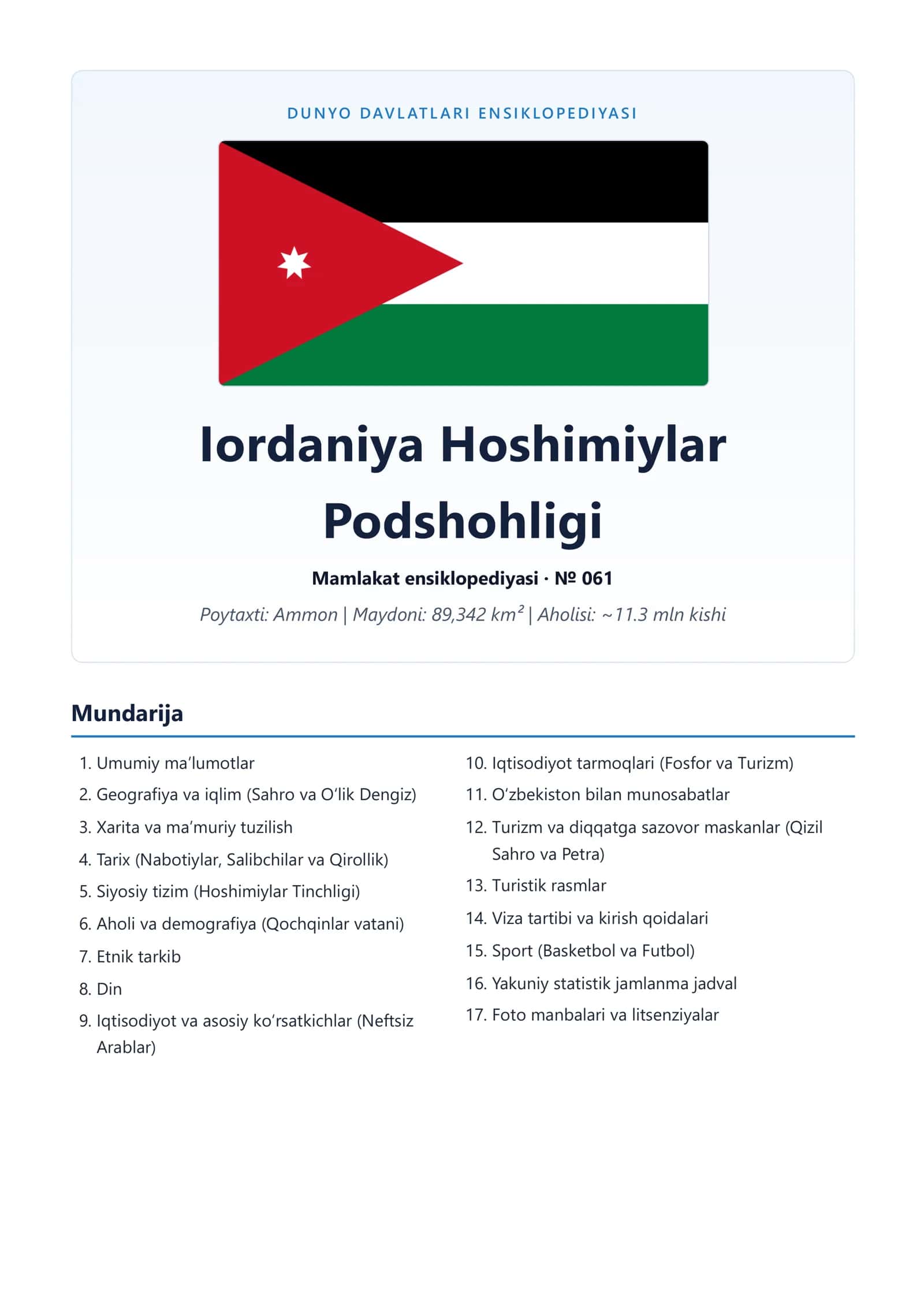 DUNYO DAVLATLARI ENSIKLOPEDIYASI Iordaniya Hoshimiylar Podshohligi