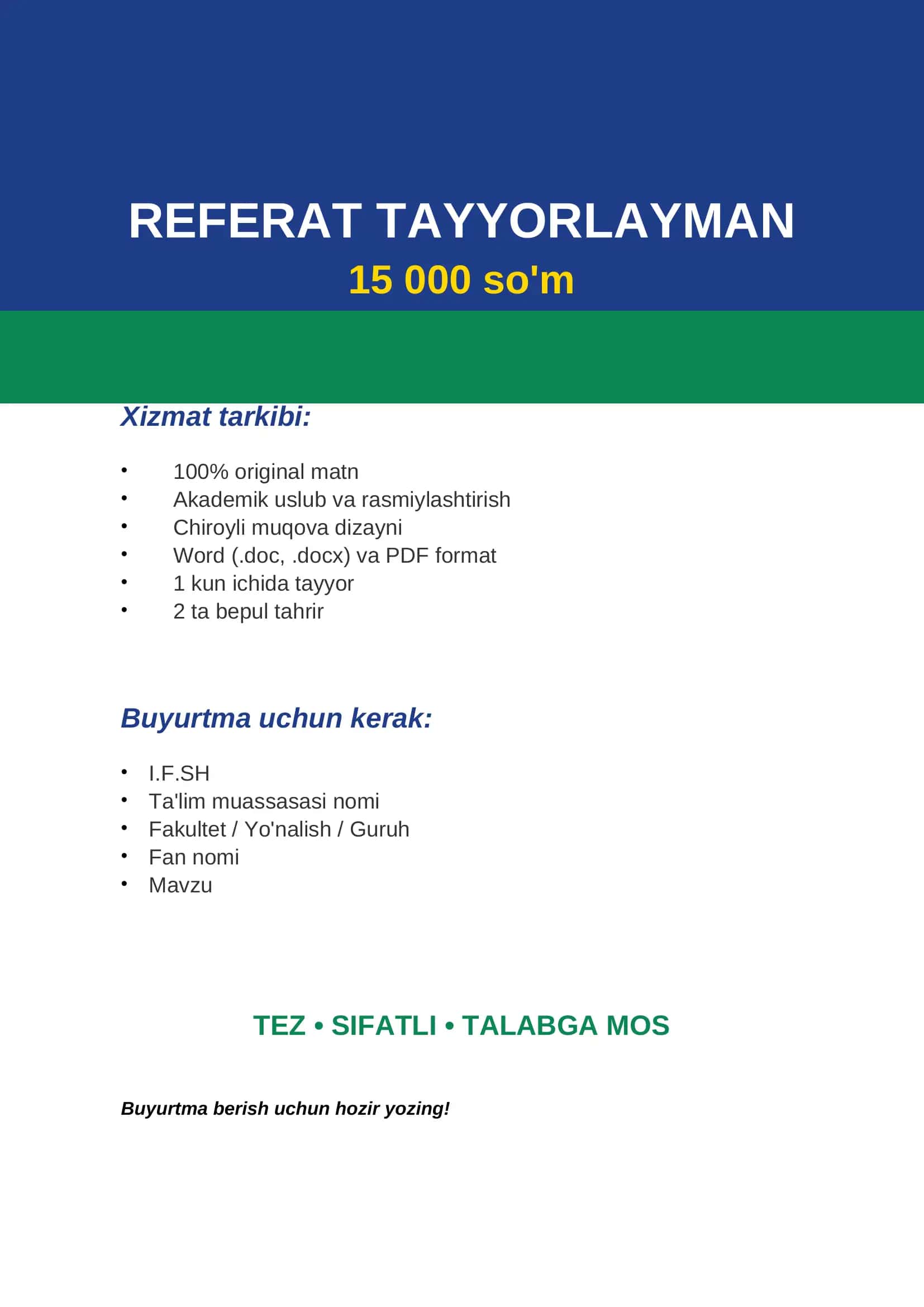 Referat PRO – Tez, Sifatli, Talabga Mos
