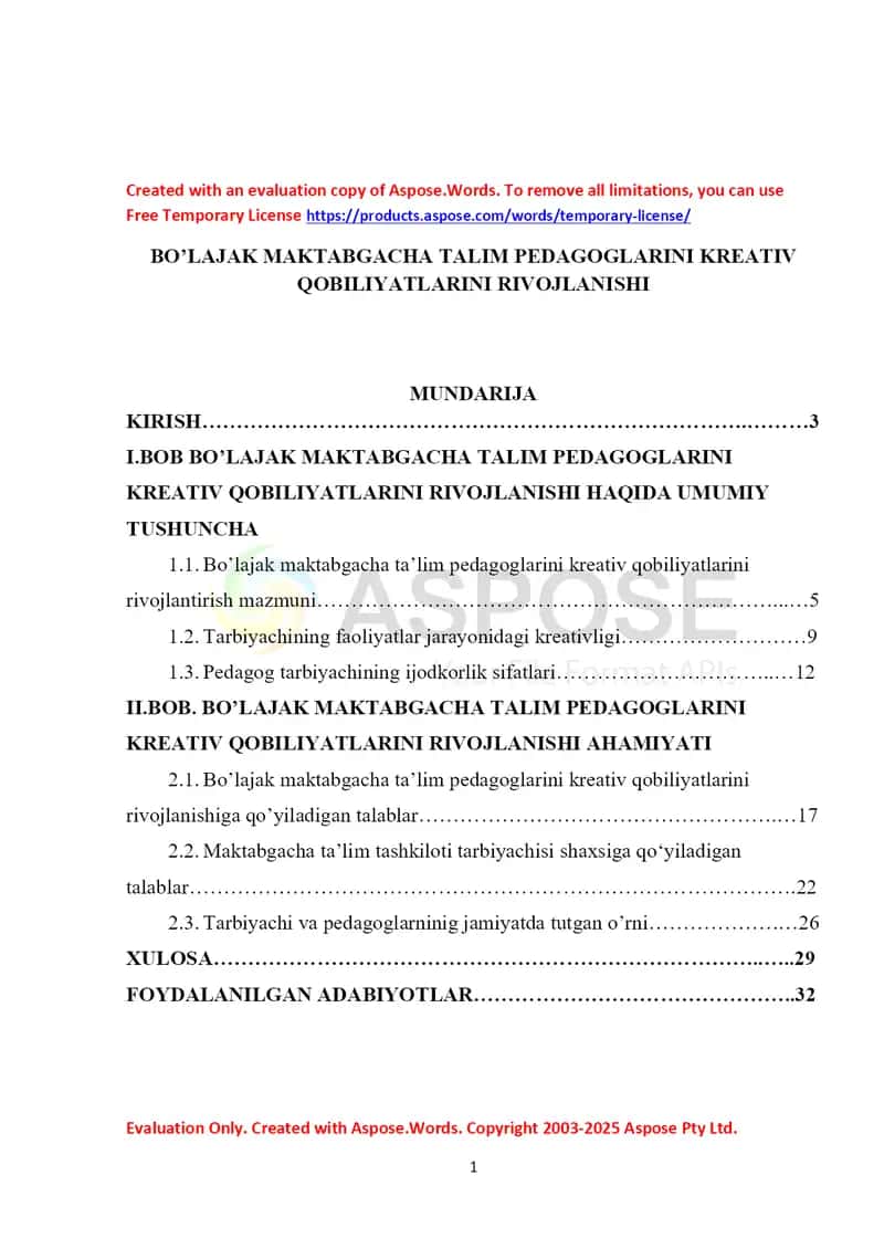 Bo’lajak maktabgacha ta’lim pedagoglarini kreativ qobiliyatlarini rivojlanishi (kurs ishi)
