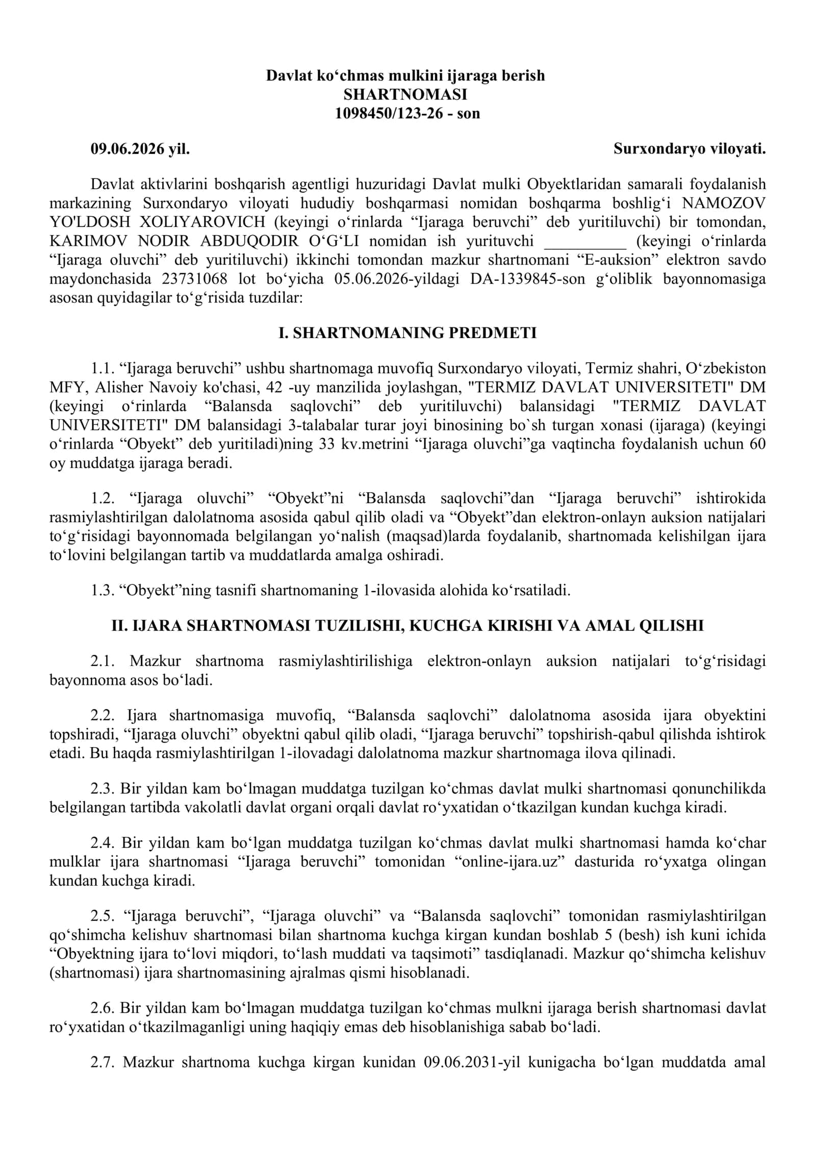 Davlat ko‘chmas mulkini ijaraga berish