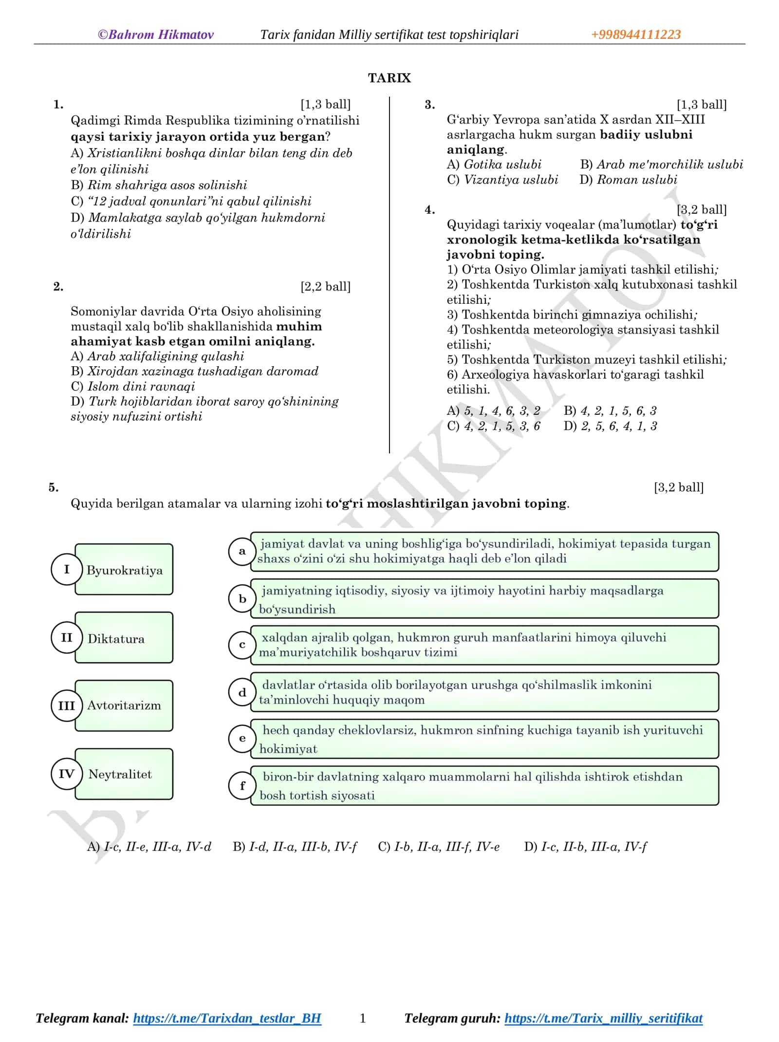 Milliy sertifikat test topshiriqlari