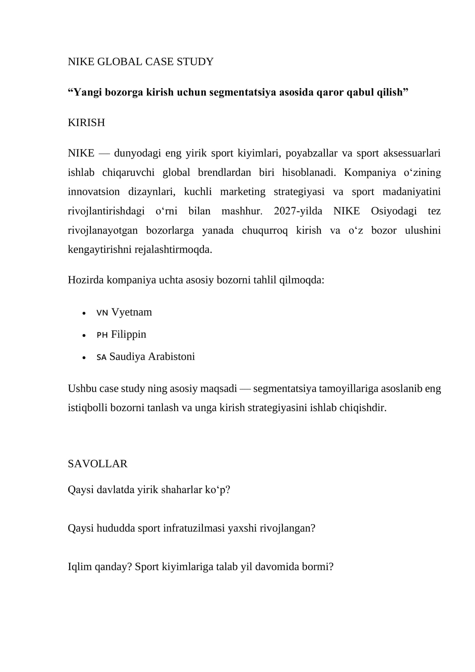NIKE GLOBAL CASE STUDY