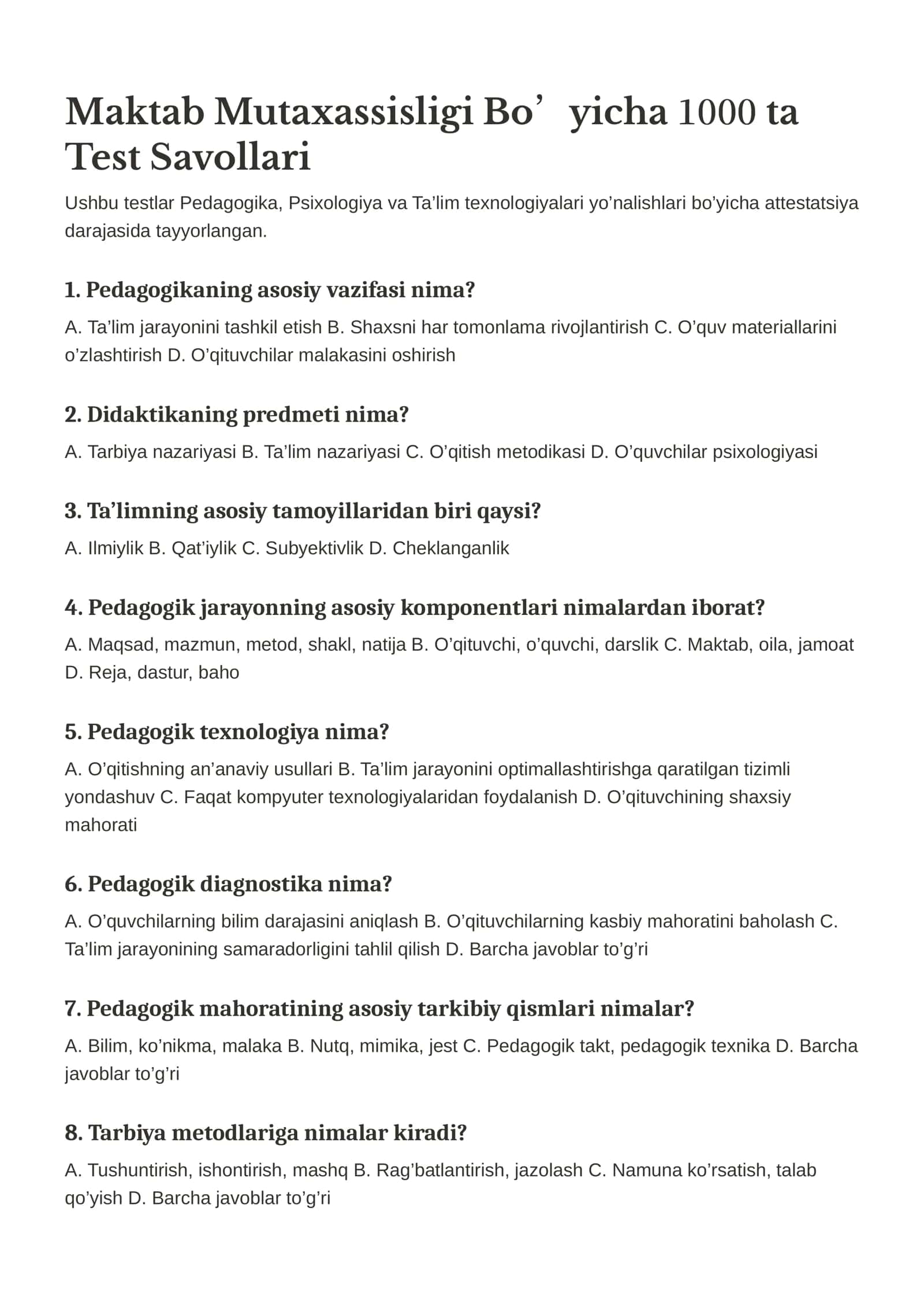 Attestatsiya 1000 ta Test Savollari