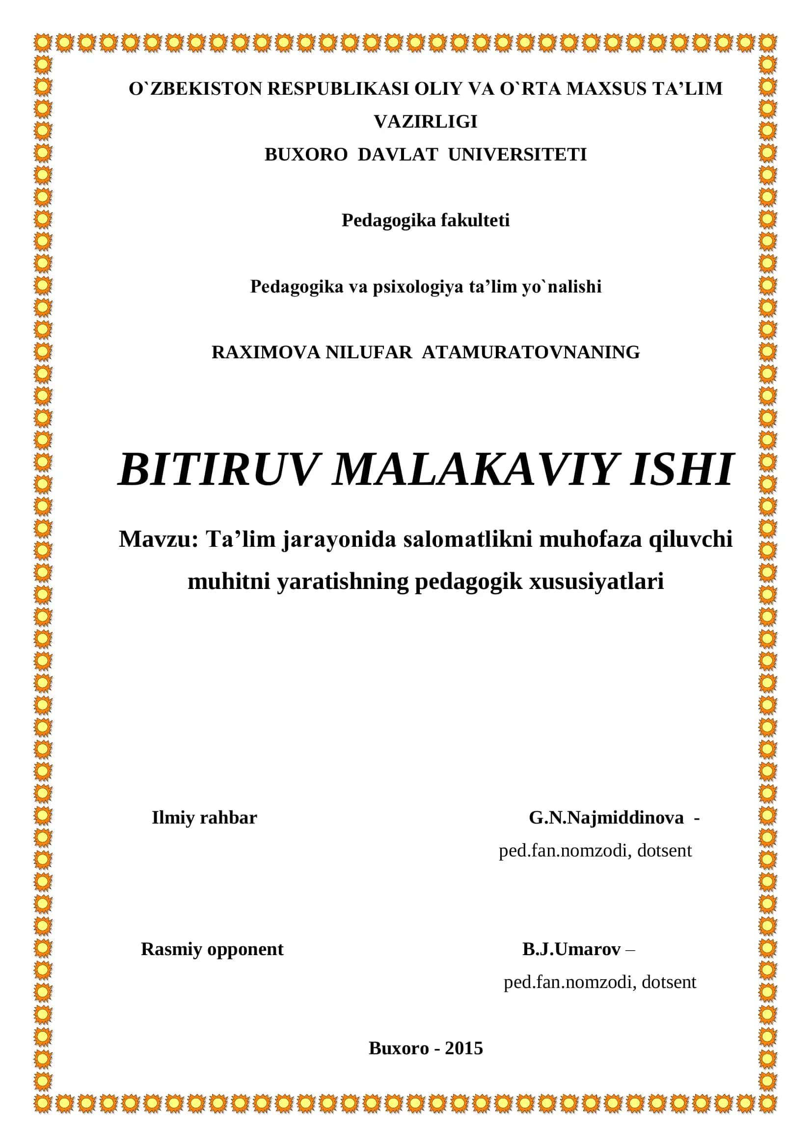 Ta’lim jarayonida salomatlikni muhofaza qiluvchi muhitni yaratishning pedagogik xususiyatlari