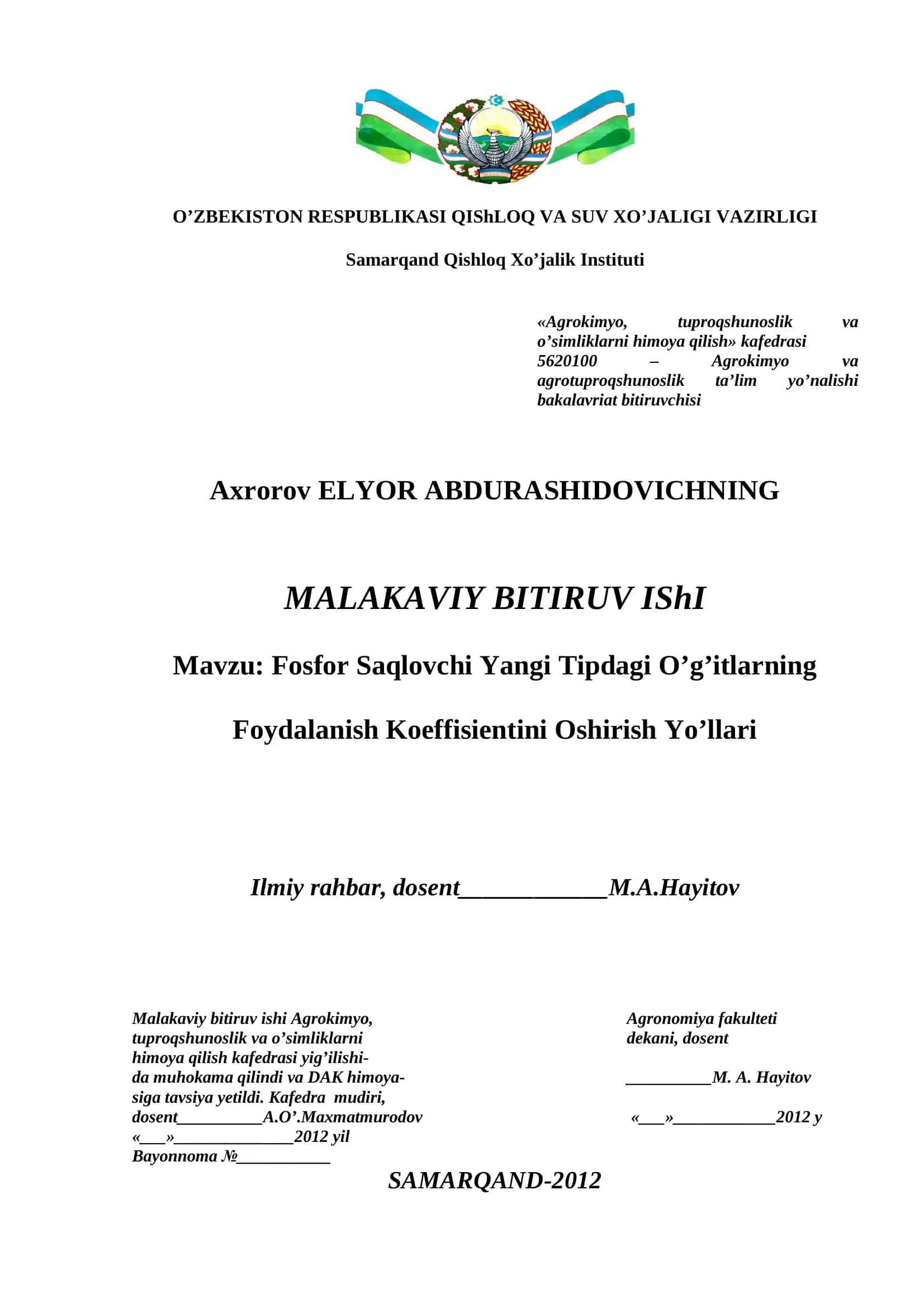 Fosfor Saqlovchi Yangi Tipdagi O’g’itlarning Foydalanish Koeffisientini Oshirish Yo’llari
