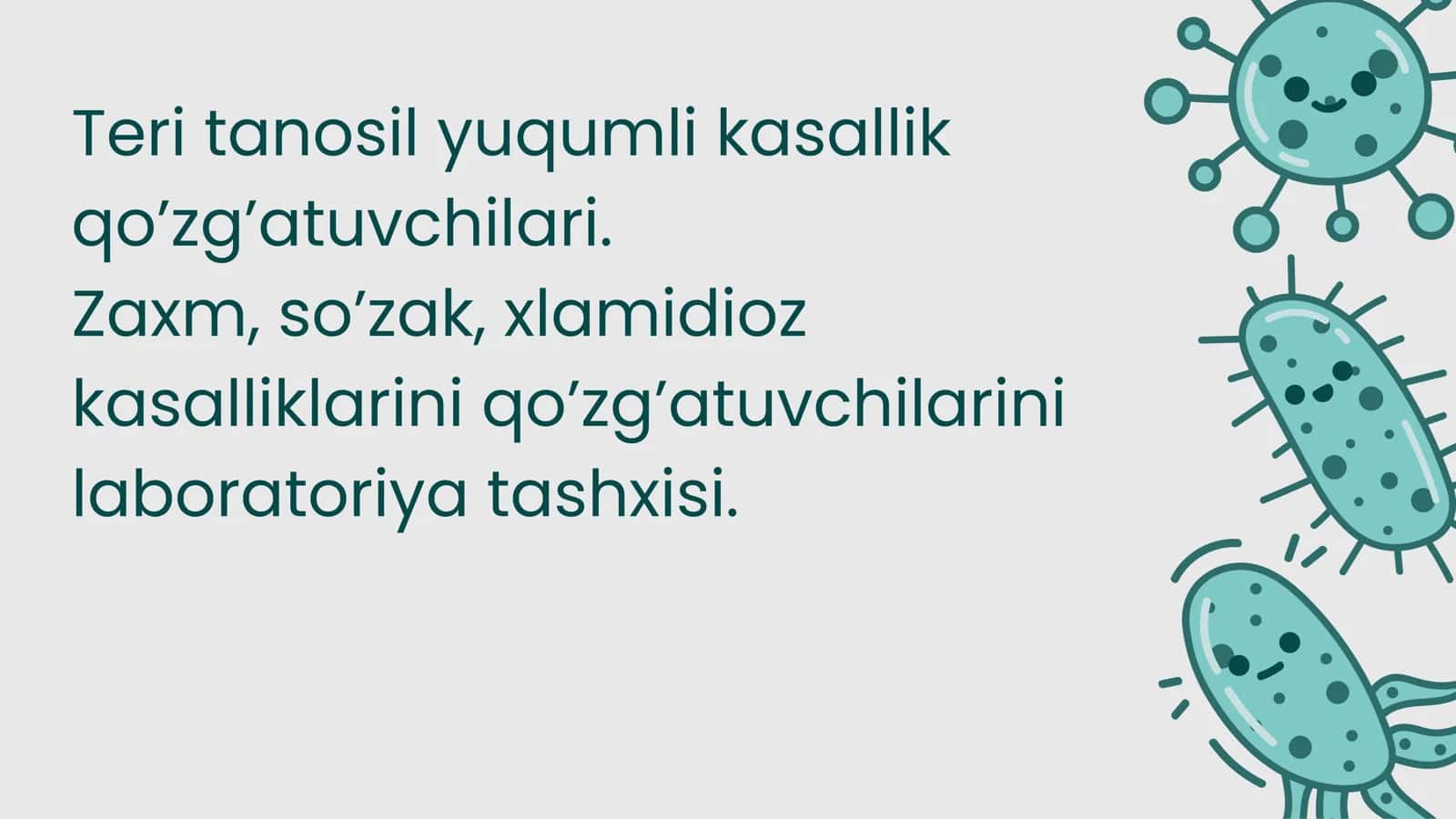 Teri tanosil yuqumli kasallik qo’zg’atuvchilari. Zaxm, so’zak, xlamidioz kasalliklarini qo’zg’atuvchilarini laboratoriya tashxisi