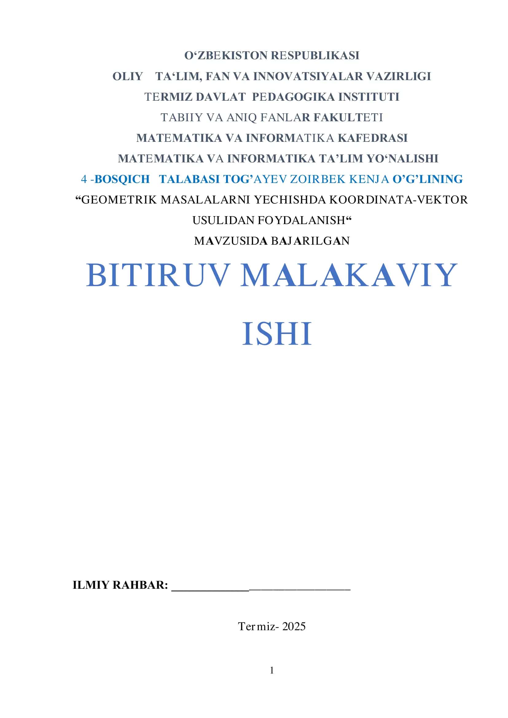 GEOMETRIK MASALALARNI YECHISHDA KOORDINATA-VEKTOR  USULIDAN FOYDALANISH
