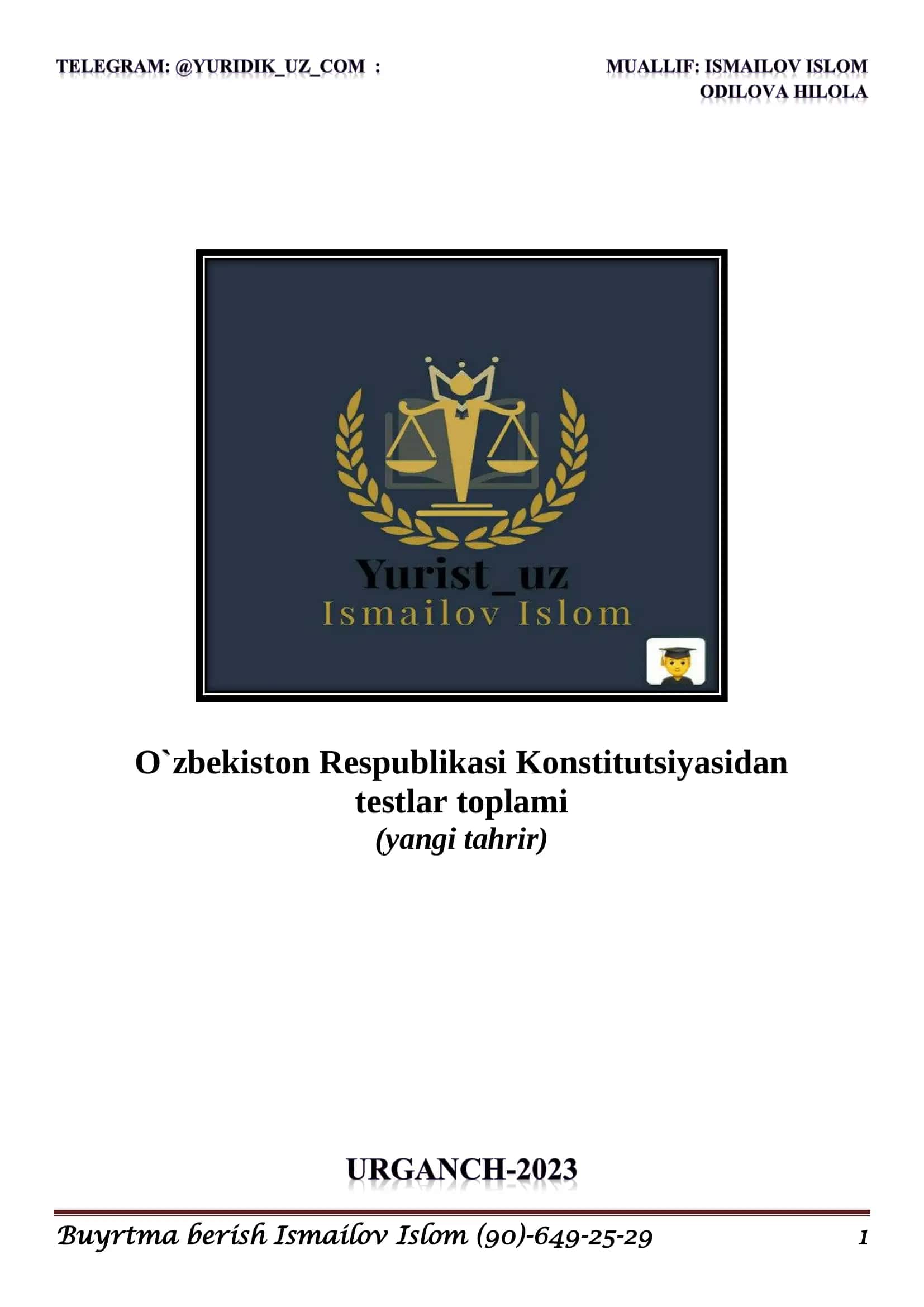 O’zbekiston Respublikasi Konstitutsiyasidan testlar toplami (yangi tahrir)